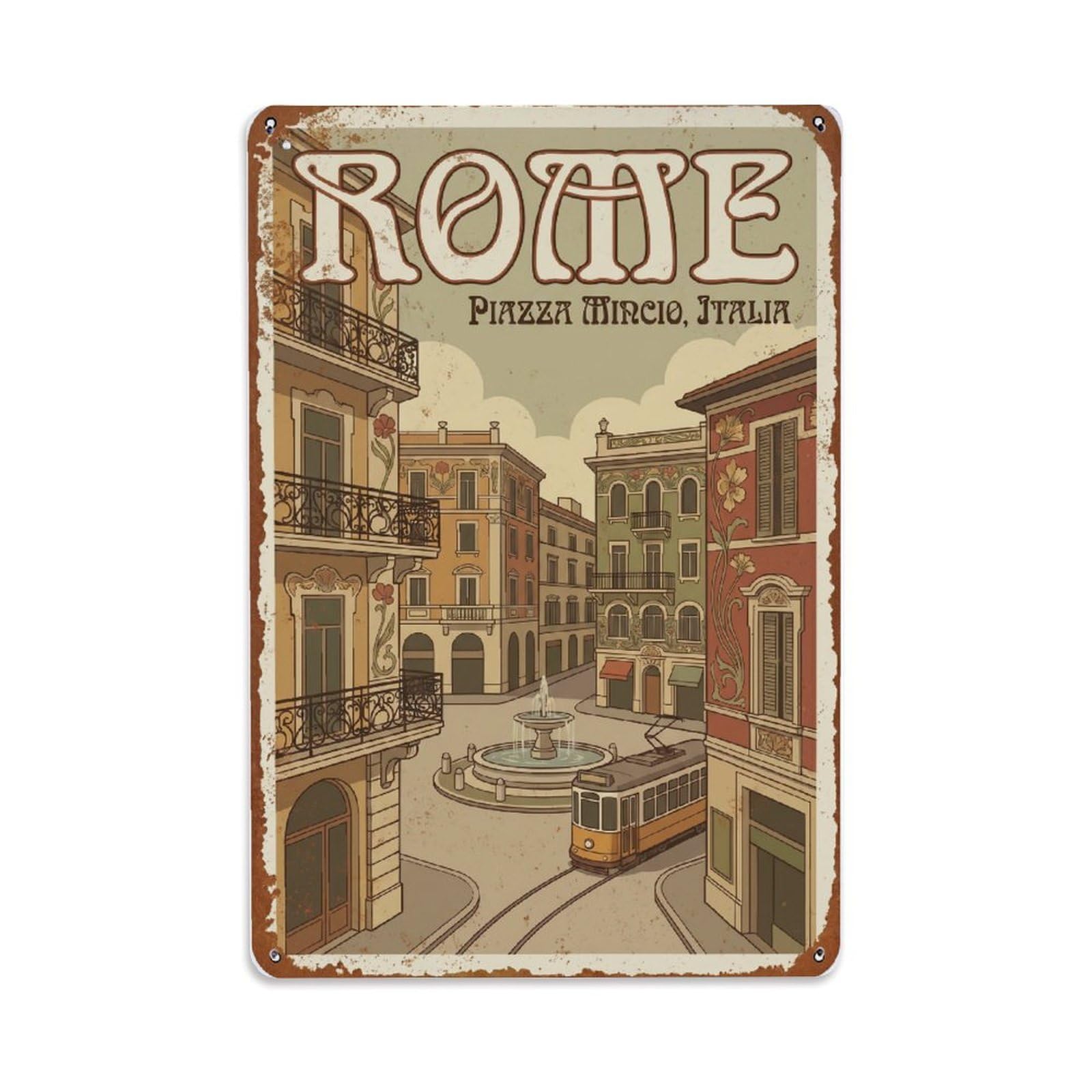 Vintage Travel Rome Piazza Mincio Art Nouveau Architecture Rusted Italy Metal Tin Sign Plaque Wall Decor for Cafe, Club Bar, Office, Home Garden Metal Poster 8x12Inch