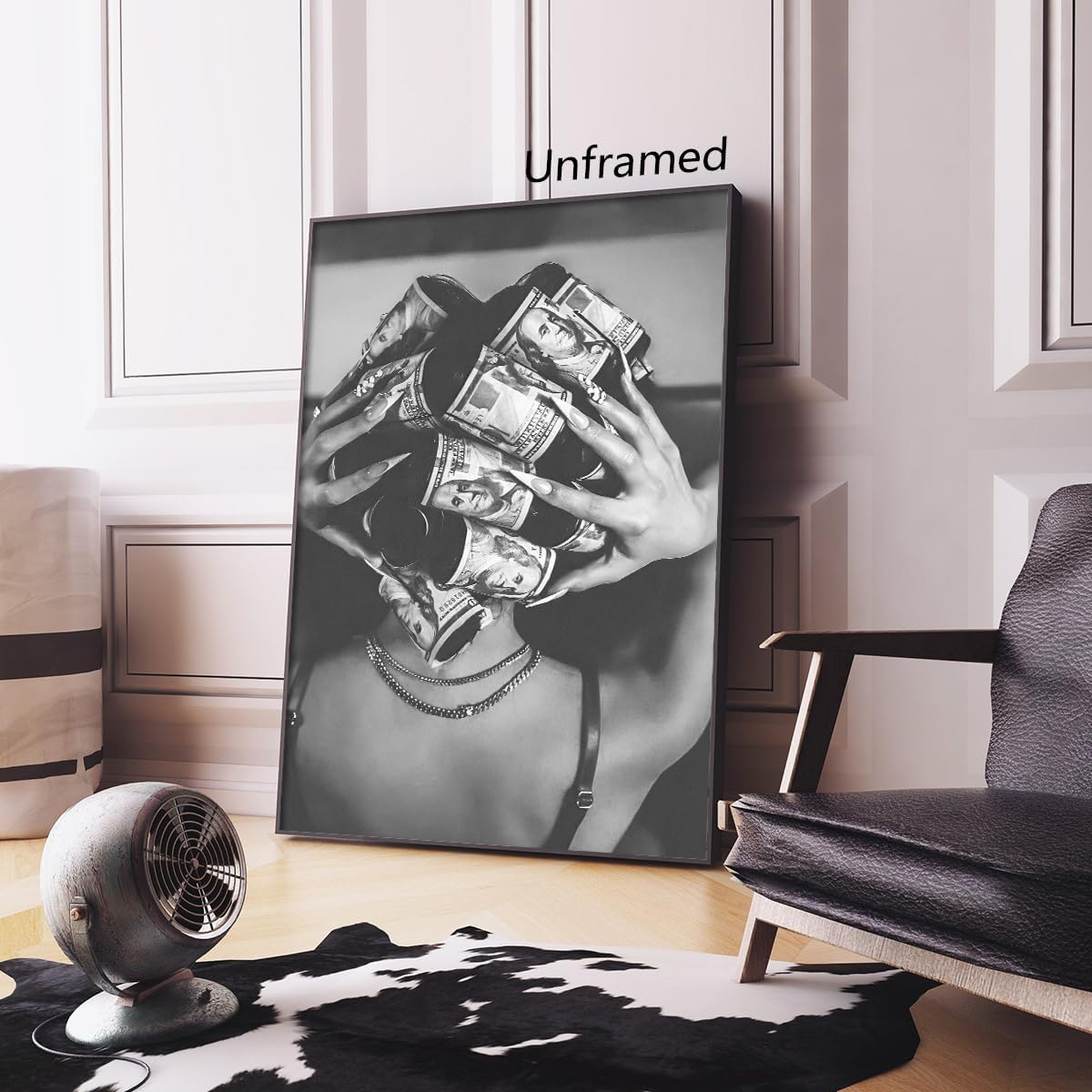 Woman with Money on Head Poster, Luxury Fashion Black and White Canvas Wall Art, Monochrome Style Girly Dorm Aesthetic Poster, Groovy Feminine Photography Print for Bedroom 12x16in Unframed