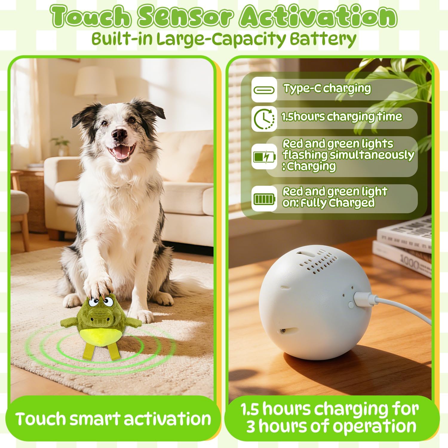 Plush Interactive Dog Toys, USB Rechargeable Jumping Squeaky Ball, Ideal for Keeping Puppy Busy Indoors, Motion Activated Balls for Medium/Large Dogs, Not for Aggressive Chewers (Crocodile)