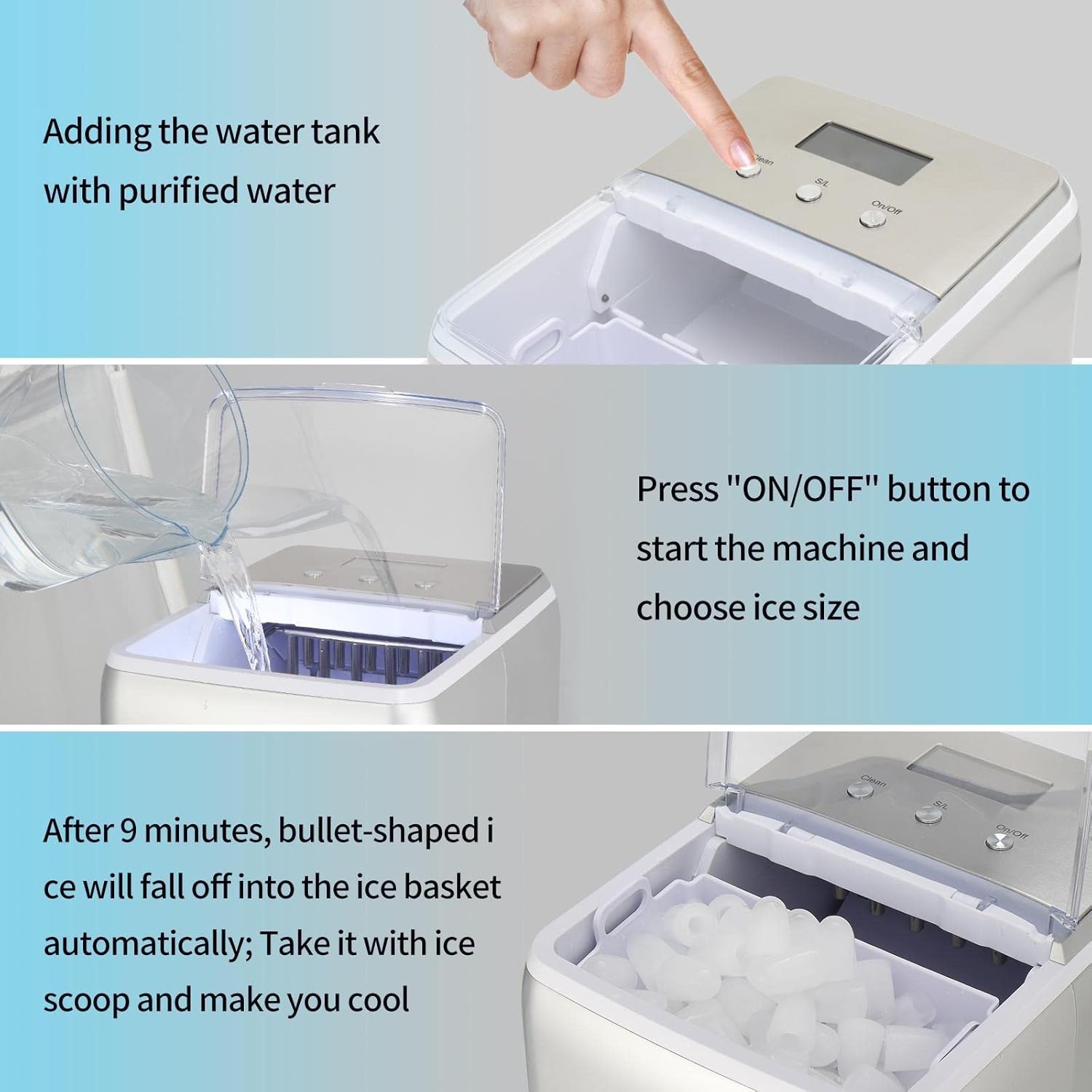 NA Ice Maker 150W 44lbs / 20kg / 24h Silver ABS Transparent Cover/Display Commercial/Household