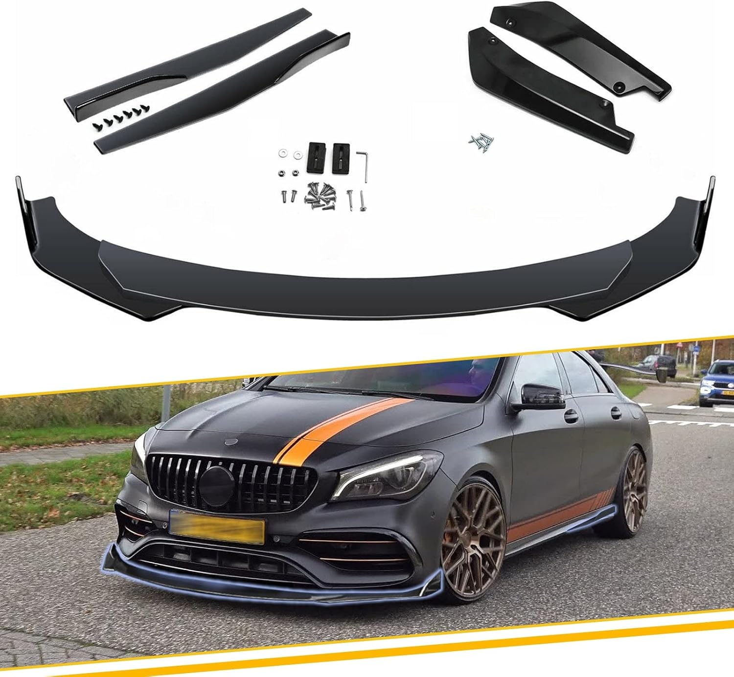 x xotic tech Front Bumper Lip Spoiler + Side Skirt Splitter + Rear Bumper Lip Wrap Splitter Canard,Compatible with Mercedes-Benz CLA C117 C118 V177 W203 W204 W205 (Black)