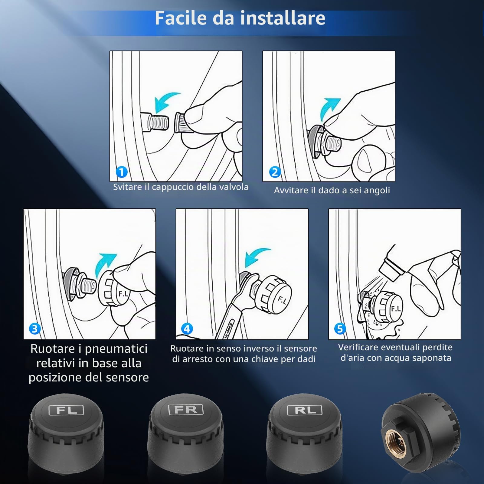 KAOLALI Sistema di monitoraggio della pressione dei pneumatici TPMS, monitoraggio della pressione dei pneumatici solare senza fili con 4 sensori esterni, visualizzazione in tempo reale della