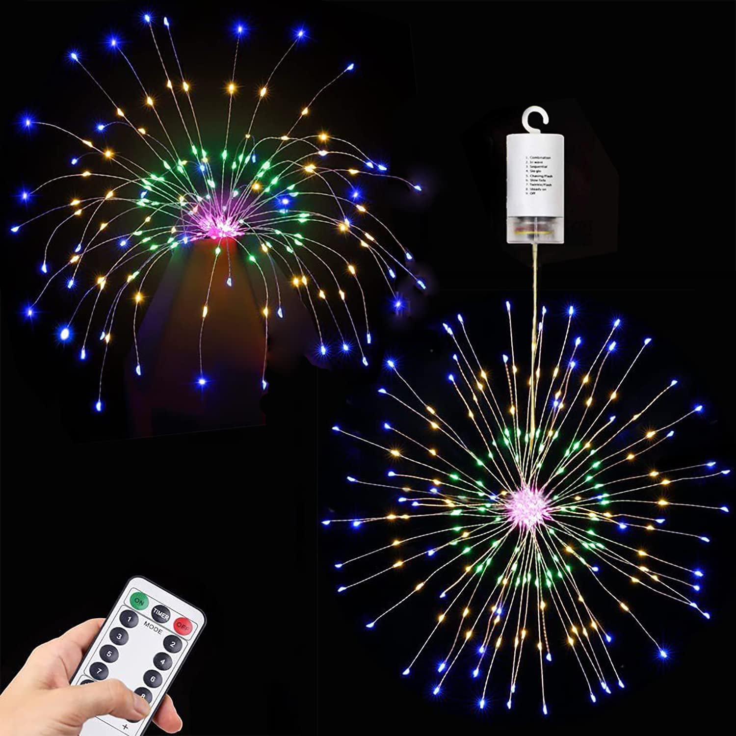 Outdoor String Lights, 2Pack Fairy Light, Waterproof Firework Lights Copper Wire Lights, 200LED 8 Modes with Remote Control for Christmas Wedding Parties Home Decorations (200LED, Colorful - Battery)