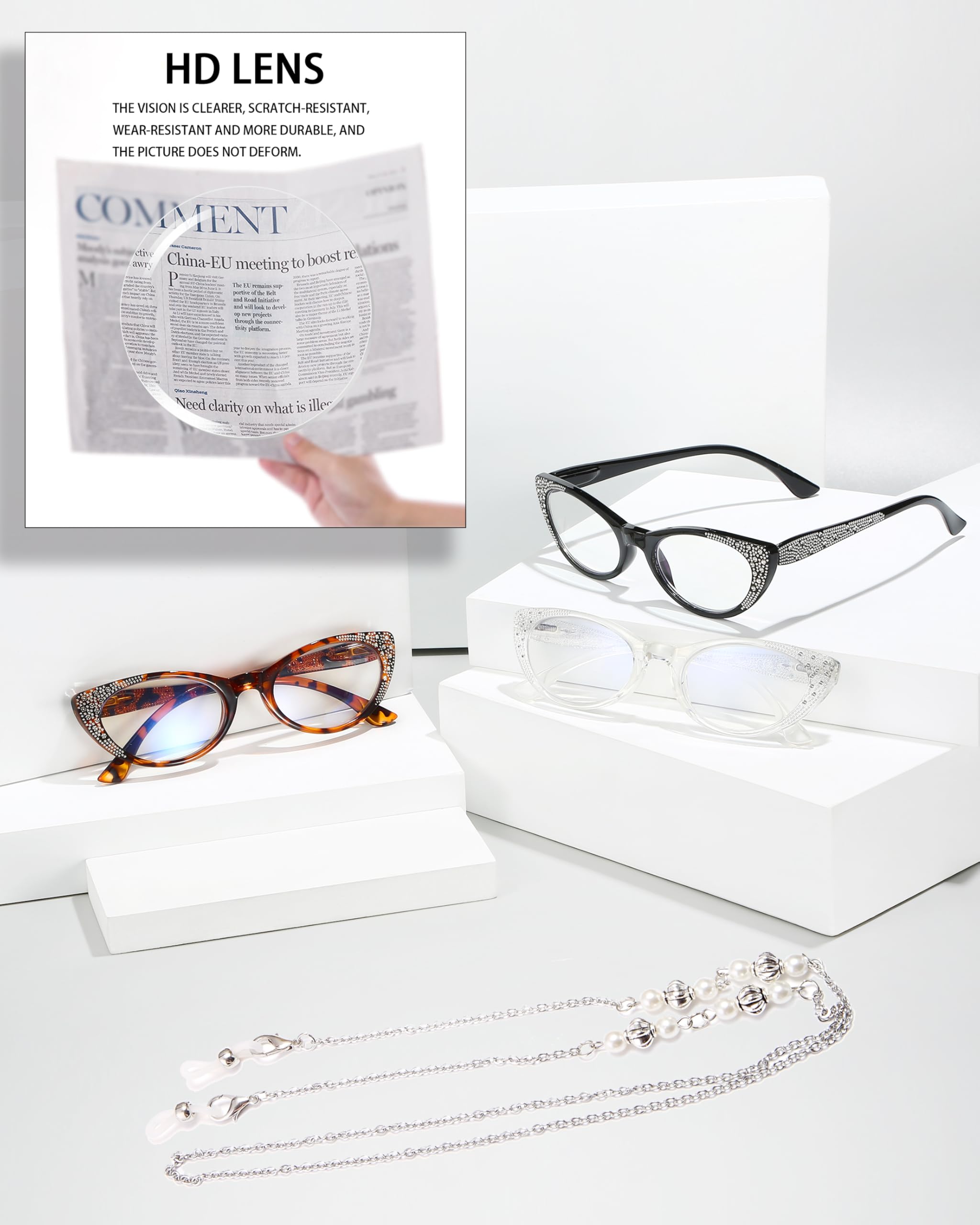 EYEURL Cat Eye Lesebrille für Damen 3er-Pack Blaulichtfilter Brille | Computerbrille Katzenauge Lesebrille mit sehstärke strass mit Federscharnier Anti Augenbelastung/Helligkeitsreflexion