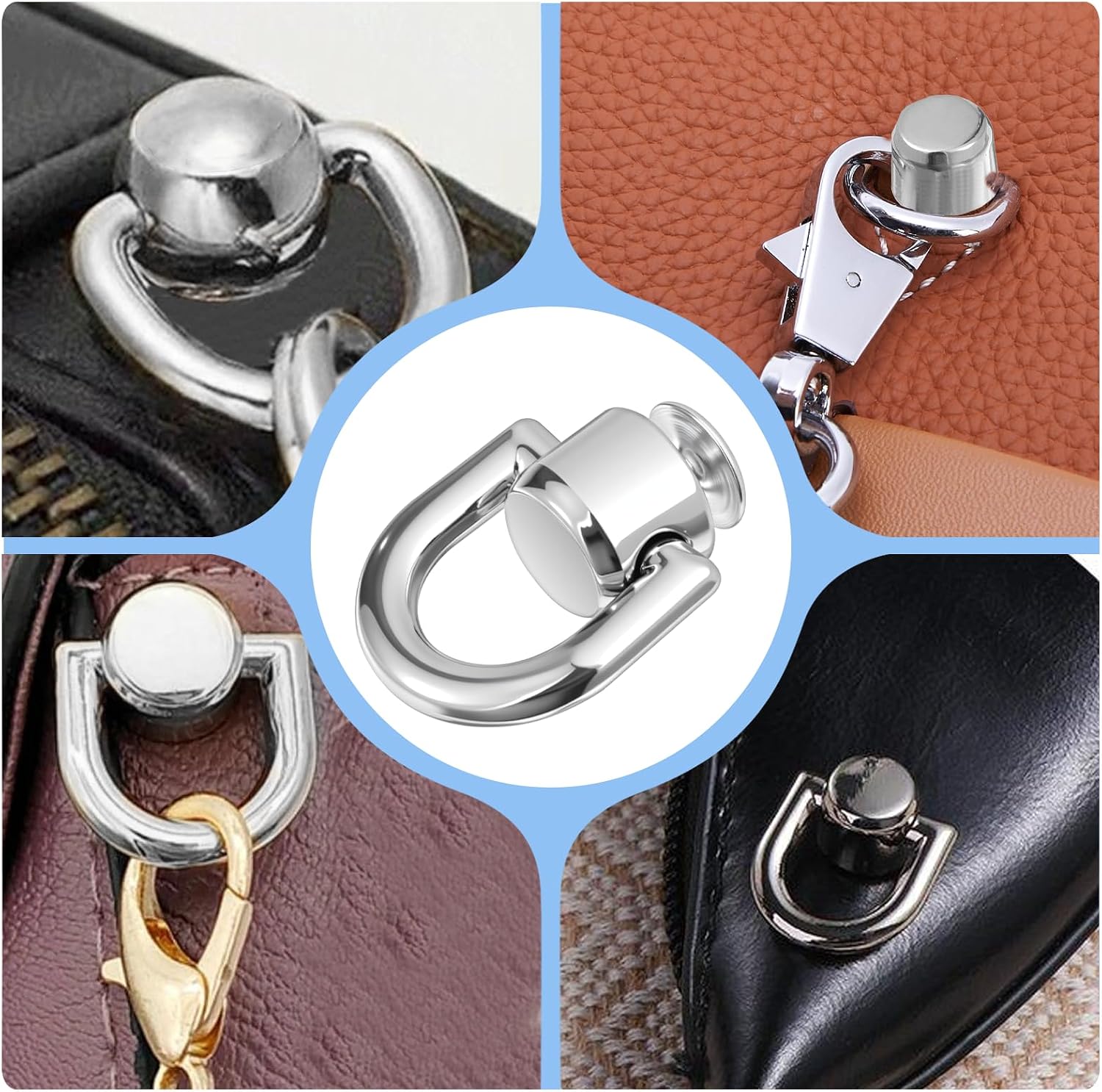 D Rings for Purse, 4 Pcs Purses Hardware Screw Grommets Silver Purse Strip Kit Sturdy Metal Rotatable Studs Rivets with D Ring for Wallet Strap Purses Chain DIY Kit Dog Buckle Handmade