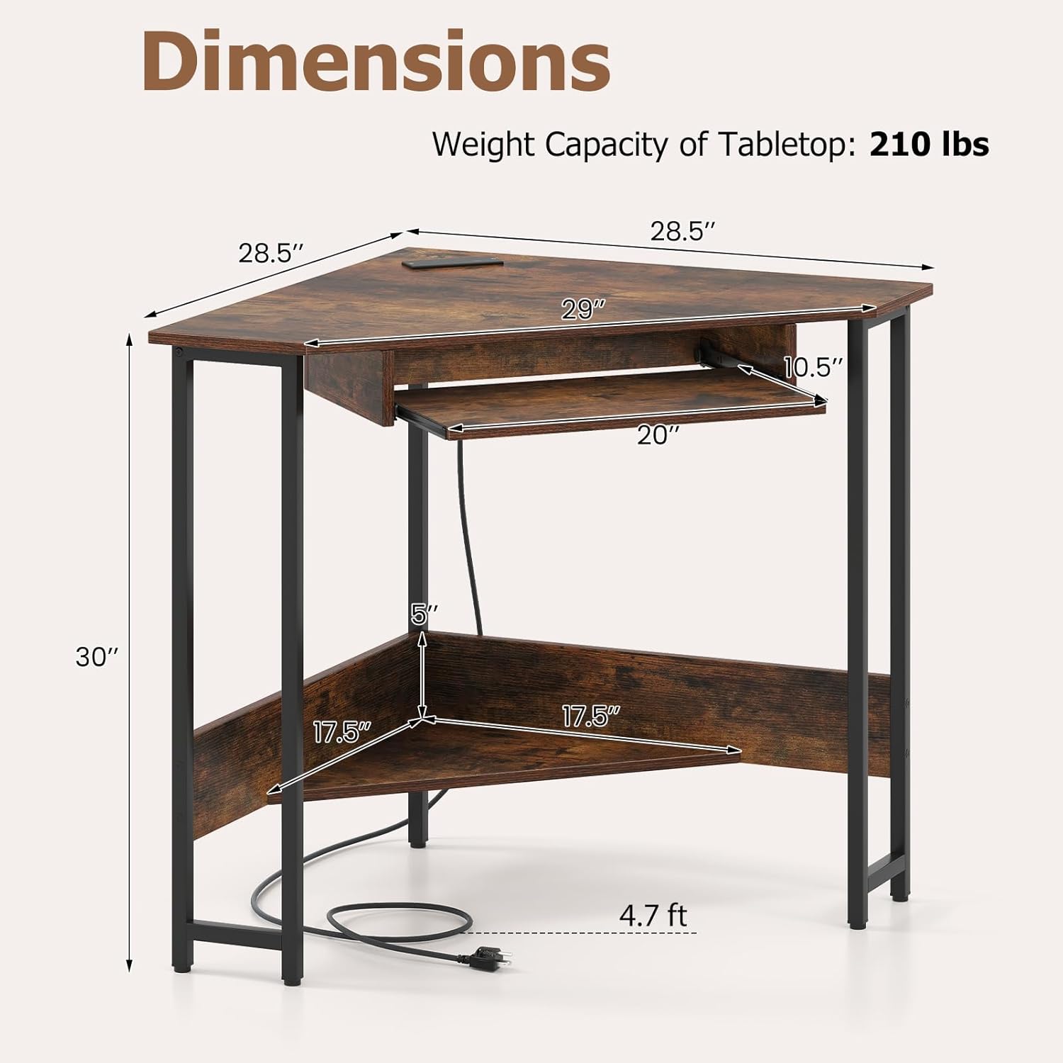 Industrial Corner Desk, Computer Desk w/Power Outlet, Storage Shelves & Metal Frame, Wood Writing Desk for Bedroom, Small Corner Desks for Small Spaces (Rustic Brown, with Keyboard Tray)