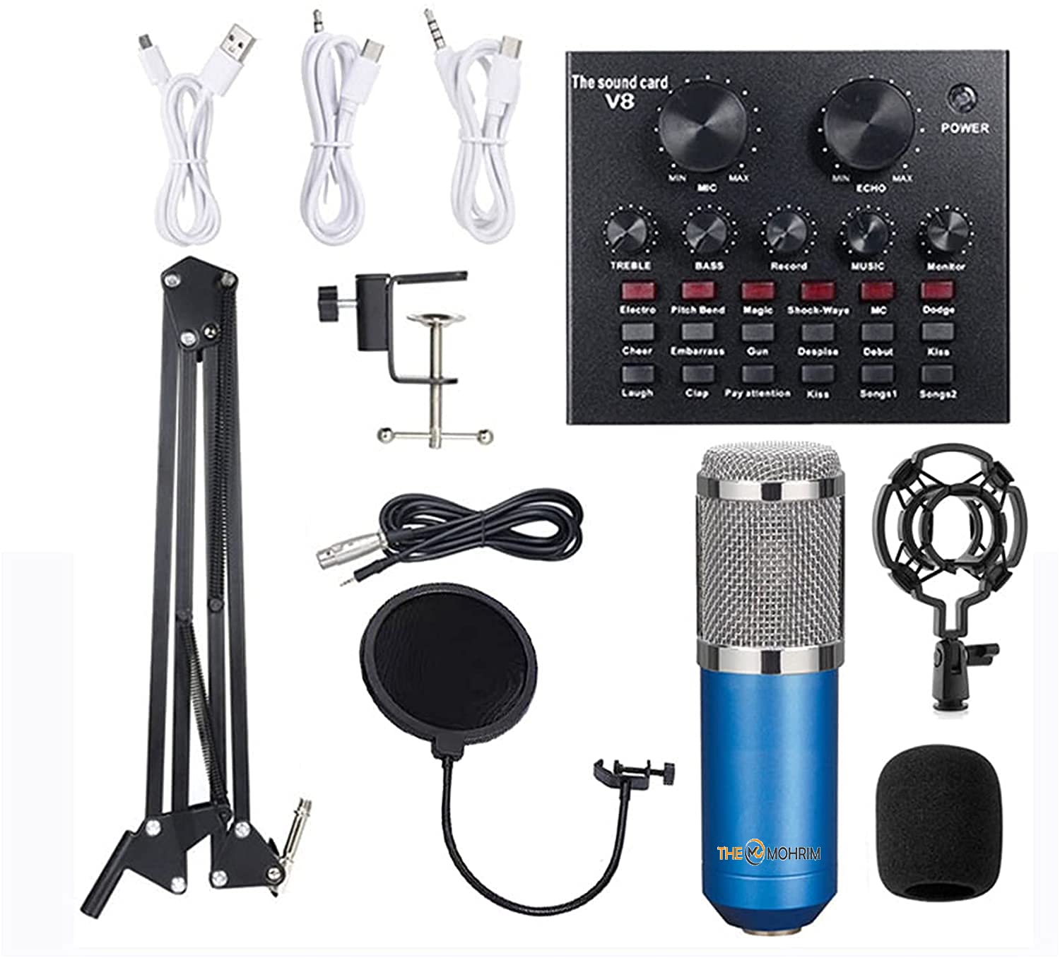 The Mohrim Multifunctional Live Sound Card & BM800 Suspension Microphone Kit Broadcasting Recording Condenser Microphone Set Intelligent Volume Adjustable Audio Mixer Sound Card
