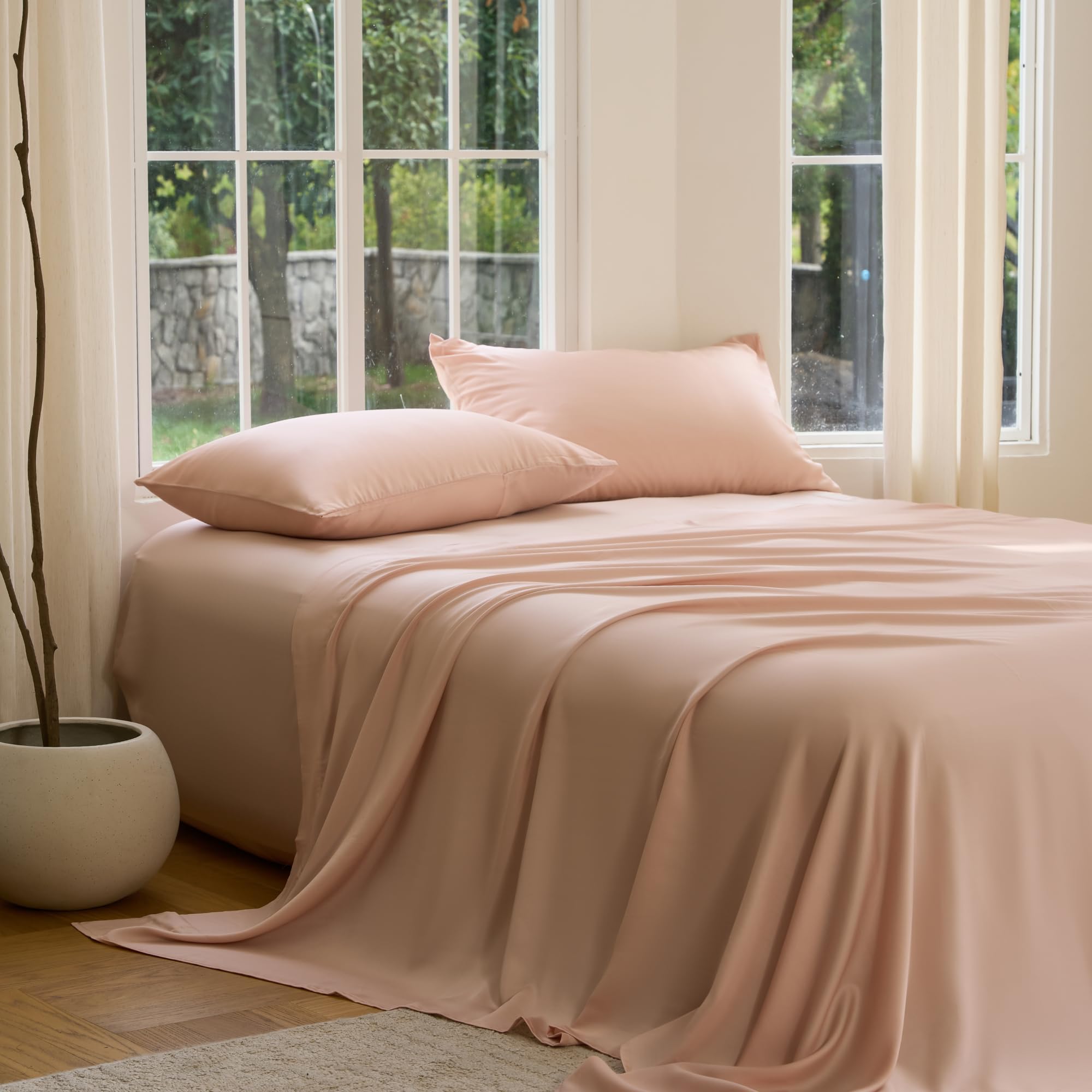 DOZ Sheet Set, 100% Viscose derived from Bamboo, Organically Grown, Buttery Soft, Cooling Sheets, High GSM, Deep Pockets - 4 Piece - 2 Pillowcases 1 Fitted 1 Top Sheet (Blush, King)