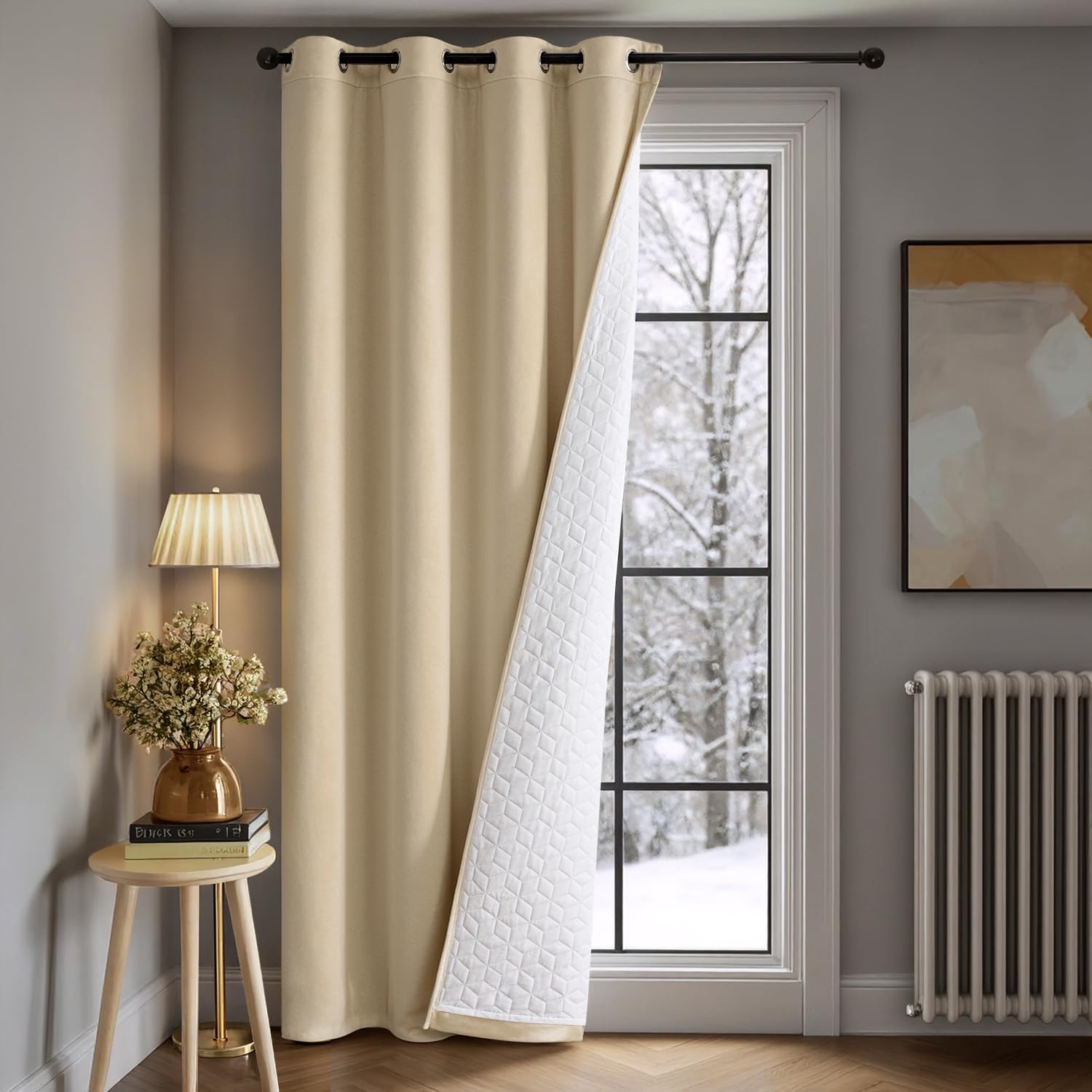 MIULEE Thermovorhang Samt, Kälteschutz Wärmevorhang, Beige, 132x225cm 1er | Doppellagiger Samt-Thermovorhang mit Gestepptem Futter, Blickdicht, Kälteschutz für Haustüren im Winter
