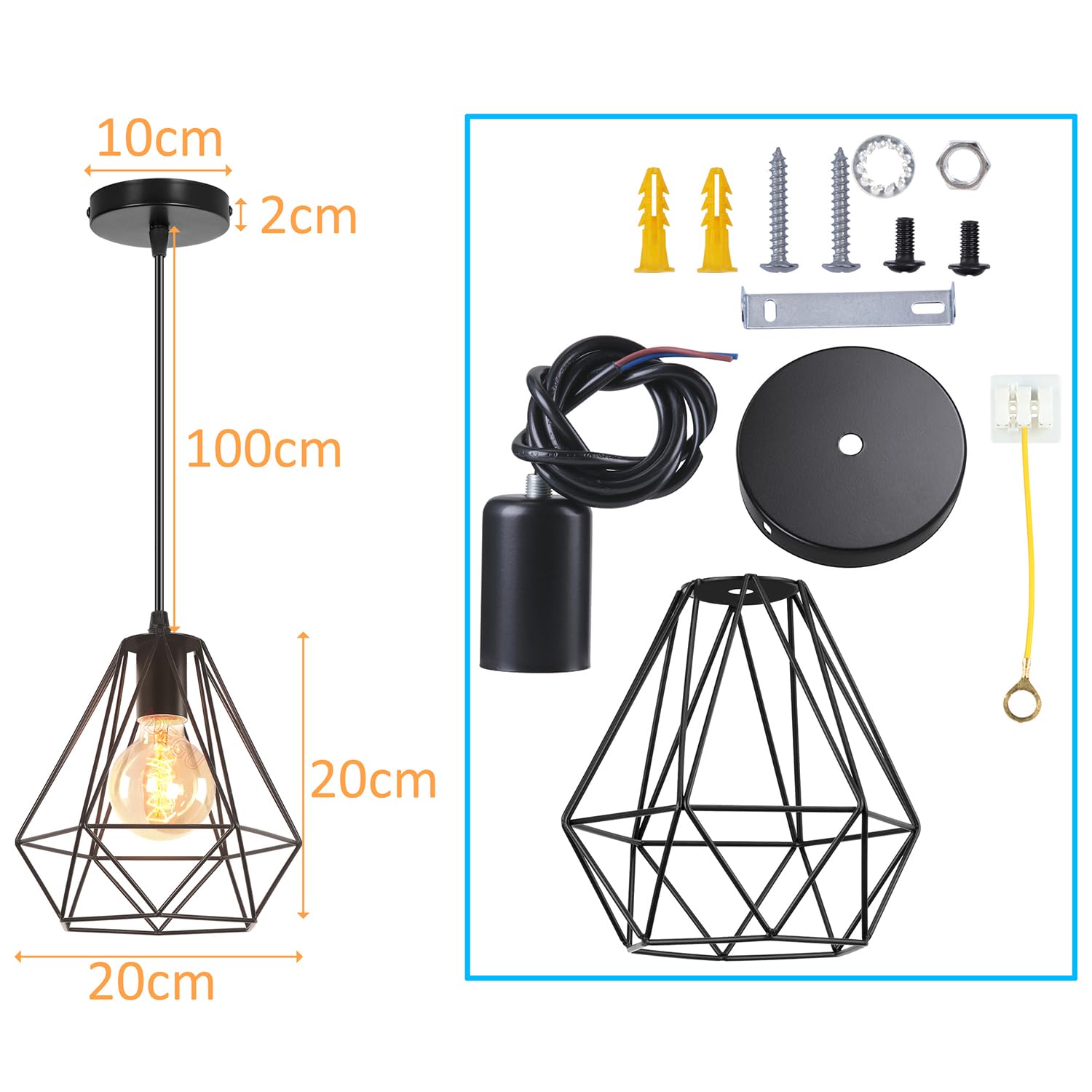 iDEGU set di 2 lampade a sospensione in stile vintage metallo lampadario a sospensione in forma di gabbia diamante, 20cm, Nero