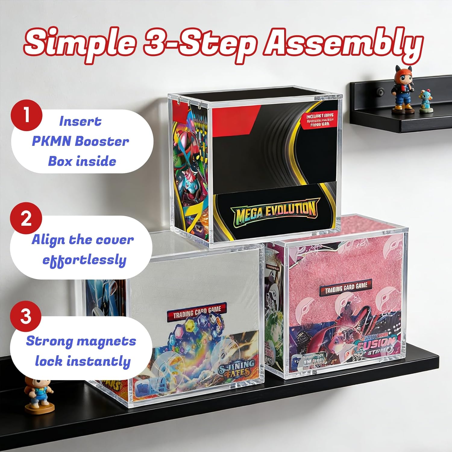 Booster Box Acrylic Case 3 Pack – Magnetic Lid Clear Display Protector, 8MM Thick Acrylic Protective UV Resistant Storage Compatible with PKMN Booster Boxes for TCG Collectors