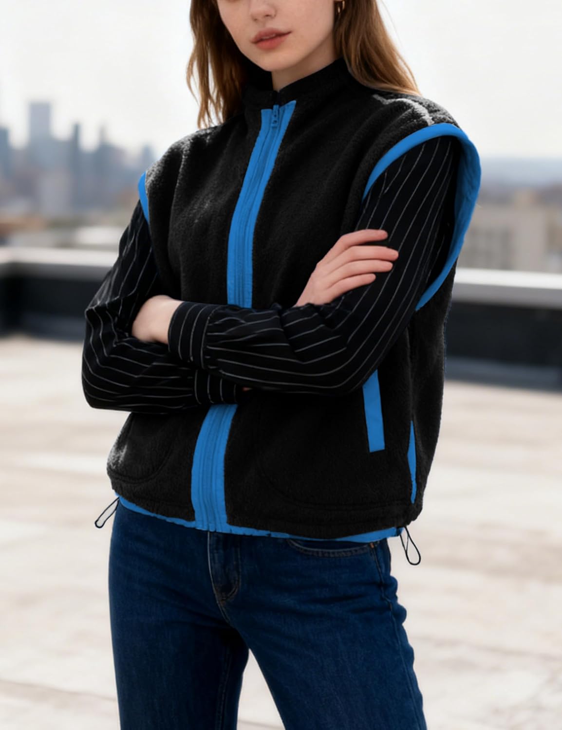 Women's Sherpa Fleece Vest Sleeveless Stand Collar Zip Up Jacket with Pockets Casual Daily Wear Fall Winter Outerwear - Image 3