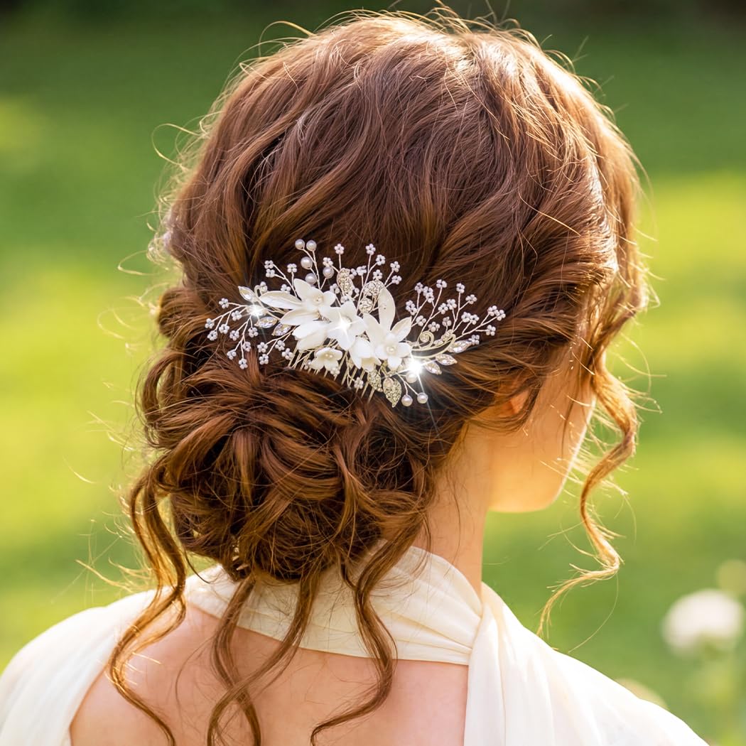 Campsis Flower Hair Comb Crystal Bridal Hair Piece Pearl Wedding Hair Accessories for Women and Bride