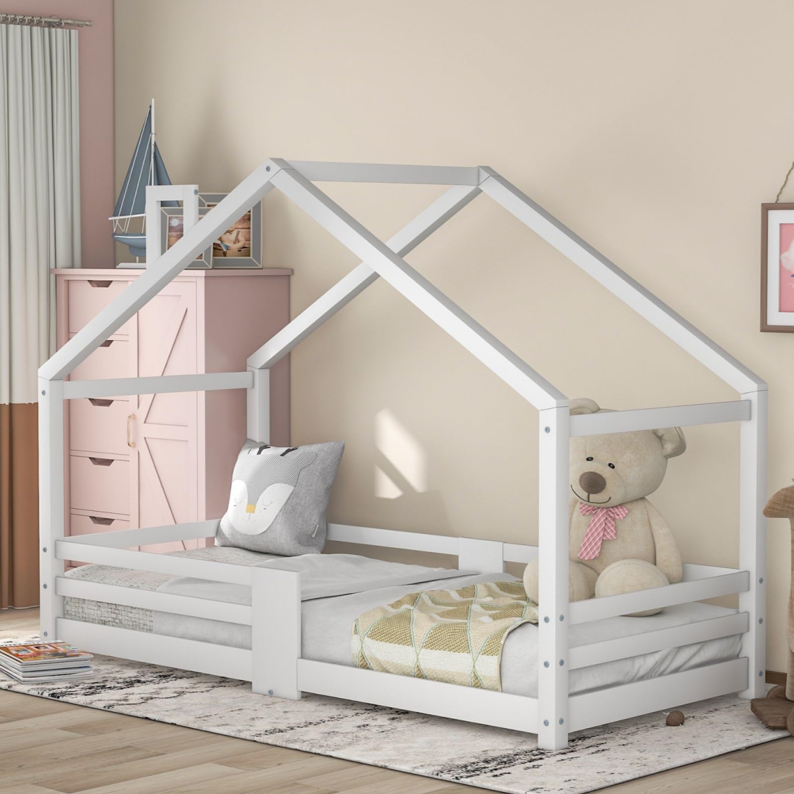 KOMHTOM Kinderbett, Hütte mit Sicherheitszaun, 90 x 200 cm, Bettrahmen mit Lattenrost aus Holz (ohne Matratze) (weiß)