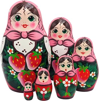 AEVVV Nesting Dolls Set of 6 pcs - Russian Doll in Pink Head Scarf and Sarafan Dress with Hand Painted Strawberry Decorations - Matryoshka Nesting Dolls - Russian Nesting Dolls