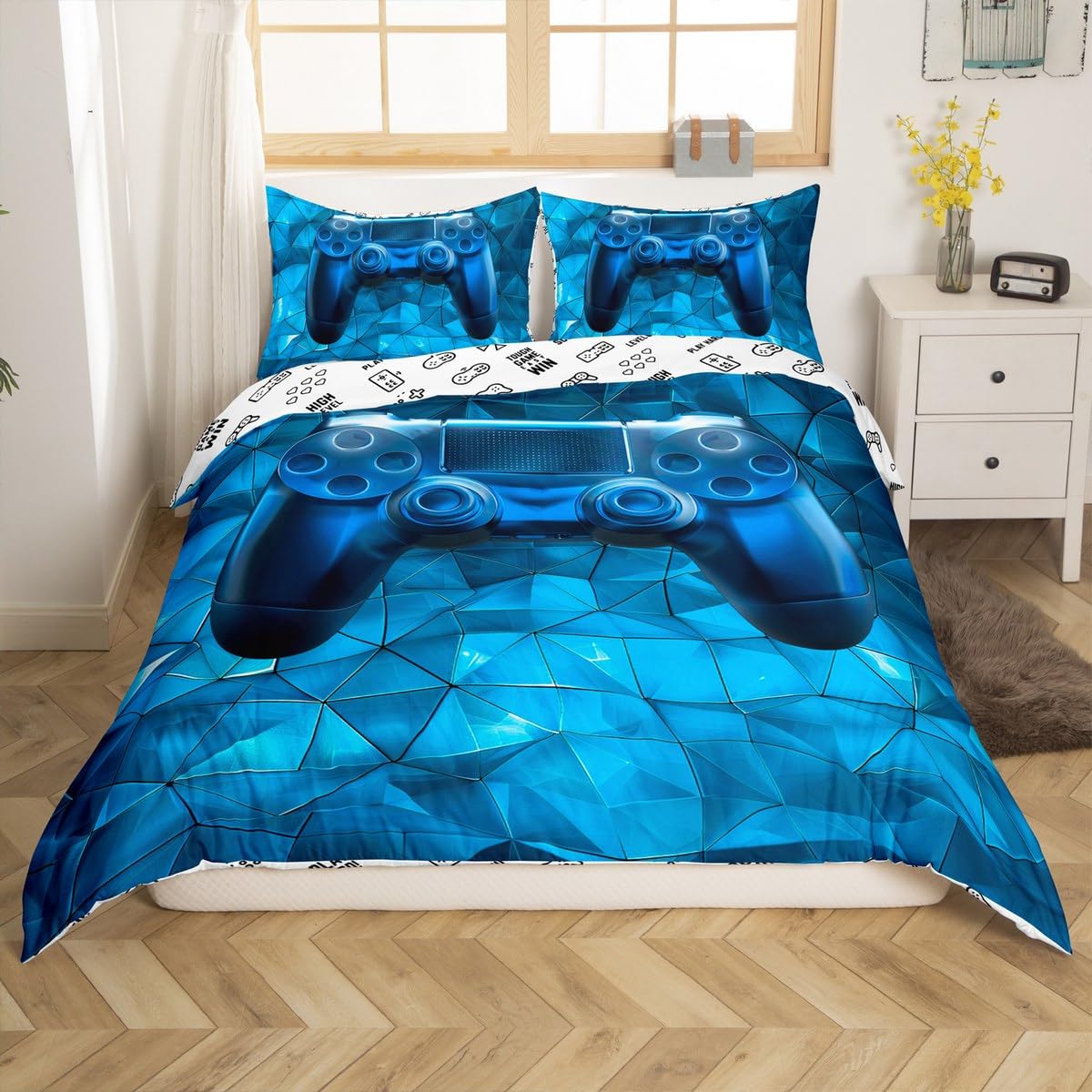 Loussiesd Gamer Gaming Bettwäsche Set 155x220cm Blaue Wabe Betten Motorrad Wabe Bettbezug 3D Effekt Bettwäsche-Set Hexagonal Moderne Kunst