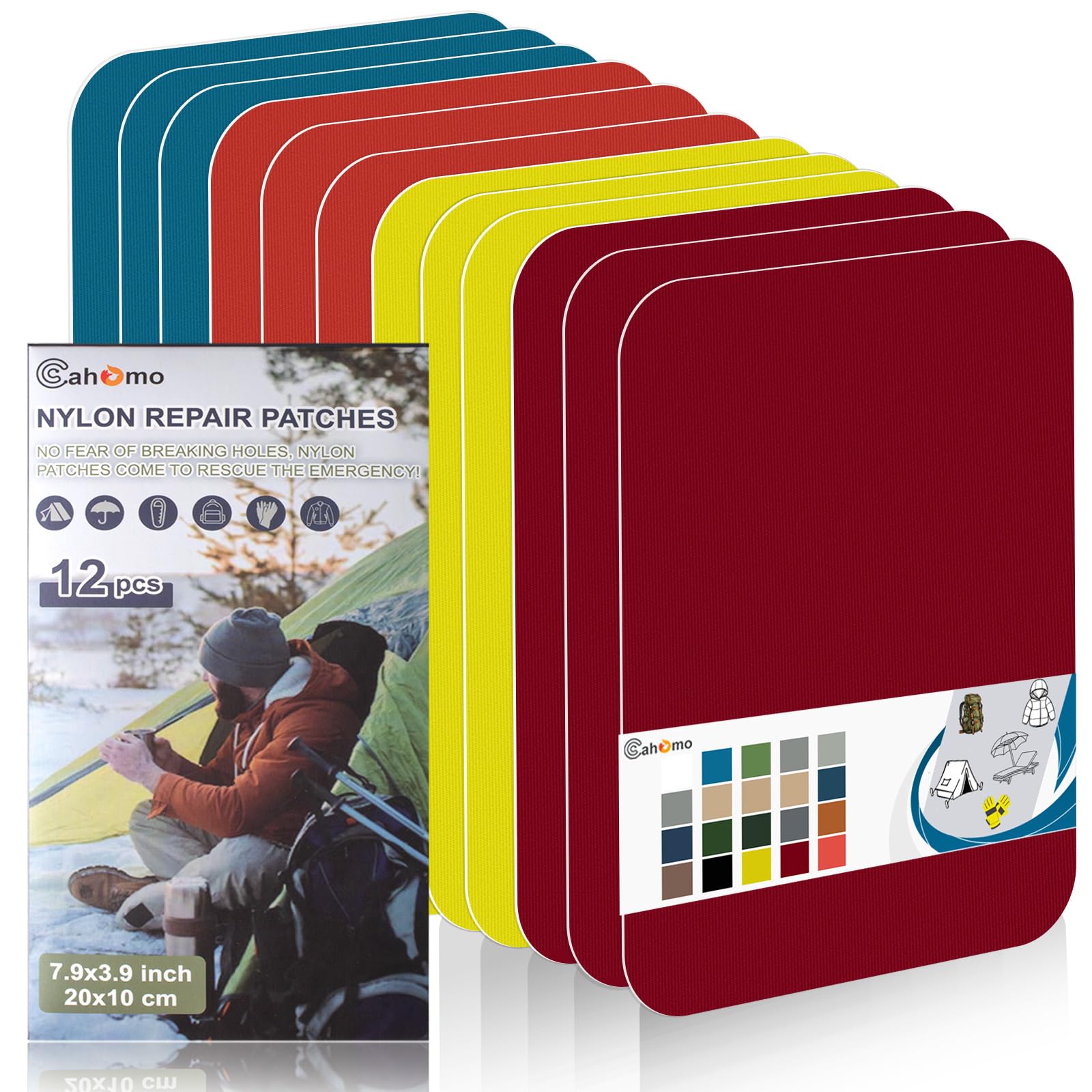 Cahomo Nylon Repair Patches 12 pcs, 10cm x 20cm, Self-Adhesive, Waterproof, Outdoor Camping Gear, Tent, Umbrella, Jackets, Sleeping Bag, Knapsack