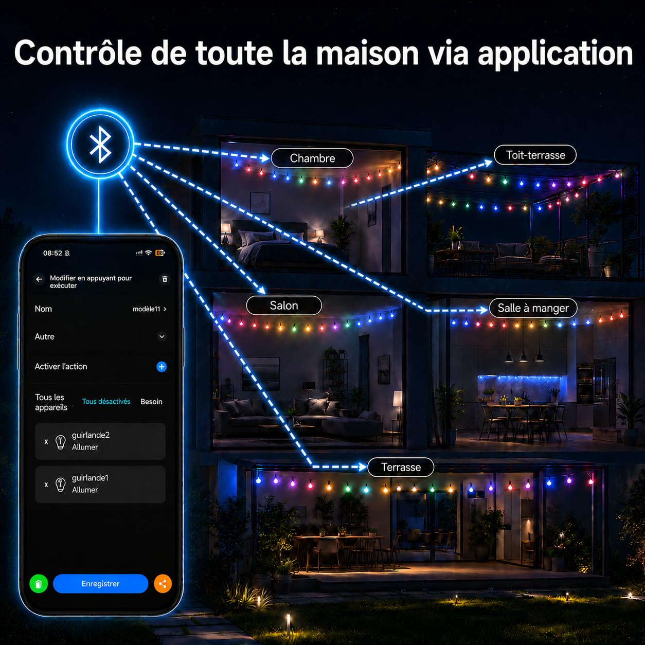 Guirlande lumineuse LED d'extérieur multicolore 15 m - 20 ampoules RVB S14 - Application intelligente avec 99 modes et minuterie (multicolore)