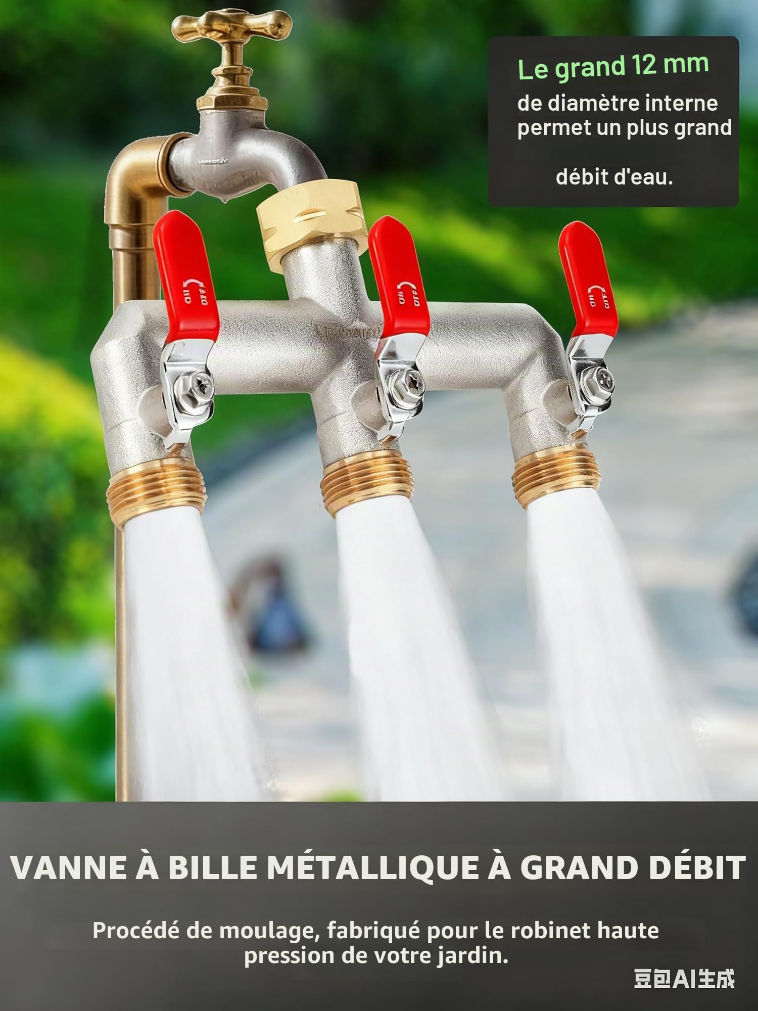 Distributeur d'eau 3 voies, vanne 3 voies, distributeur de raccordement d'eau, distributeur de jardin 3 voies, distributeur 3/4", robuste connexion hexagonale avec adaptateur de