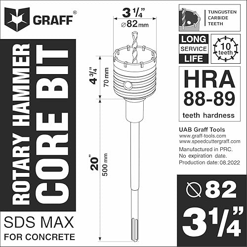 Miniatura 2 de Broca de núcleo de martillo giratorio SDS Max de 3-14 pulgadas - Broca de núcleo para hormigón, mampostería, cemento, ladrillo de silicato - Sierra