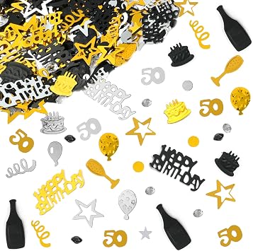 OSDUE Black Gold Silve Happy Birthday Confetti, 3000 Pieces 50 Years Birthday Cake Confetti, Metallic Foil Balloon Table Scatter Confetti Decoration Supplies, for Birthday Party 50th Style