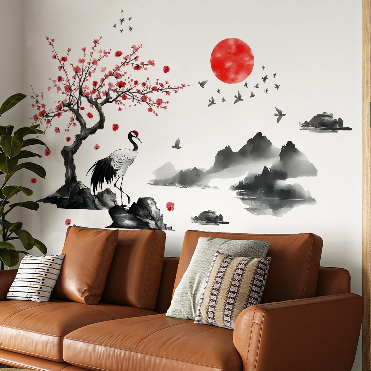 Japanese Cherry Blossom Wall Decal, Red Sun Mountain Landscape with Crane, 120 x 75 cm, Traditional Asian Art Sticker