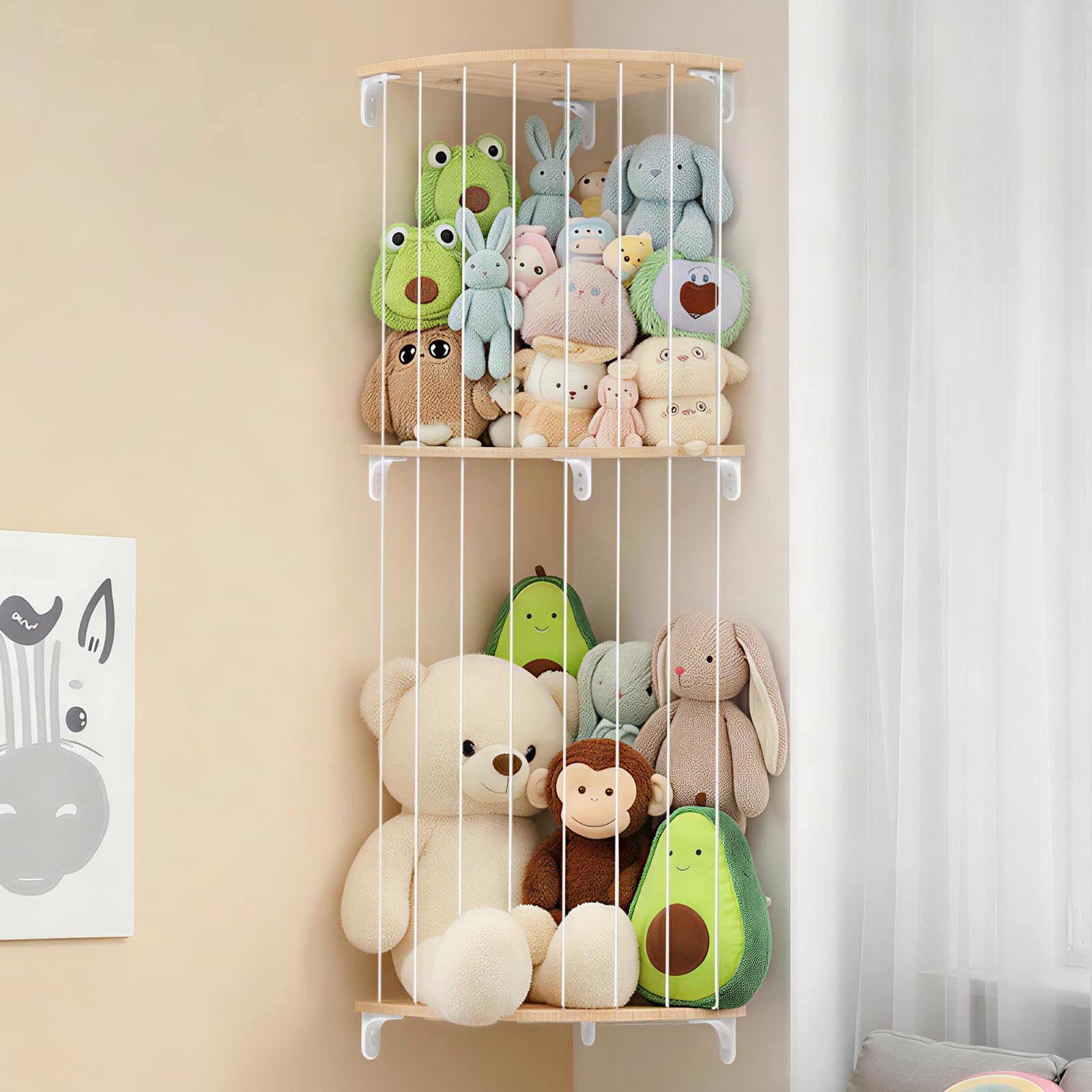 SUNMON Rangement Peluches Enfant, Rangement Peluche Mural, Hauteur Réglable de 110 à 180 cm, Conception à 2 Couche avec Sangles Elastiques, Étagère Murale pour Ranger Peluches