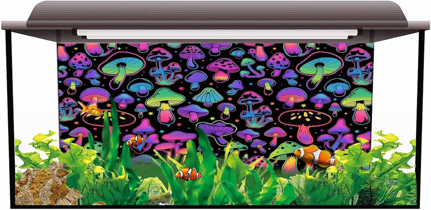 Halloween Aquarium Background Poster Fish Tank Background for Fish Tank Backgrounds Wallpaper Decoration 16.4x24.4 inch Colorful Mushroom and Black Starry Sky