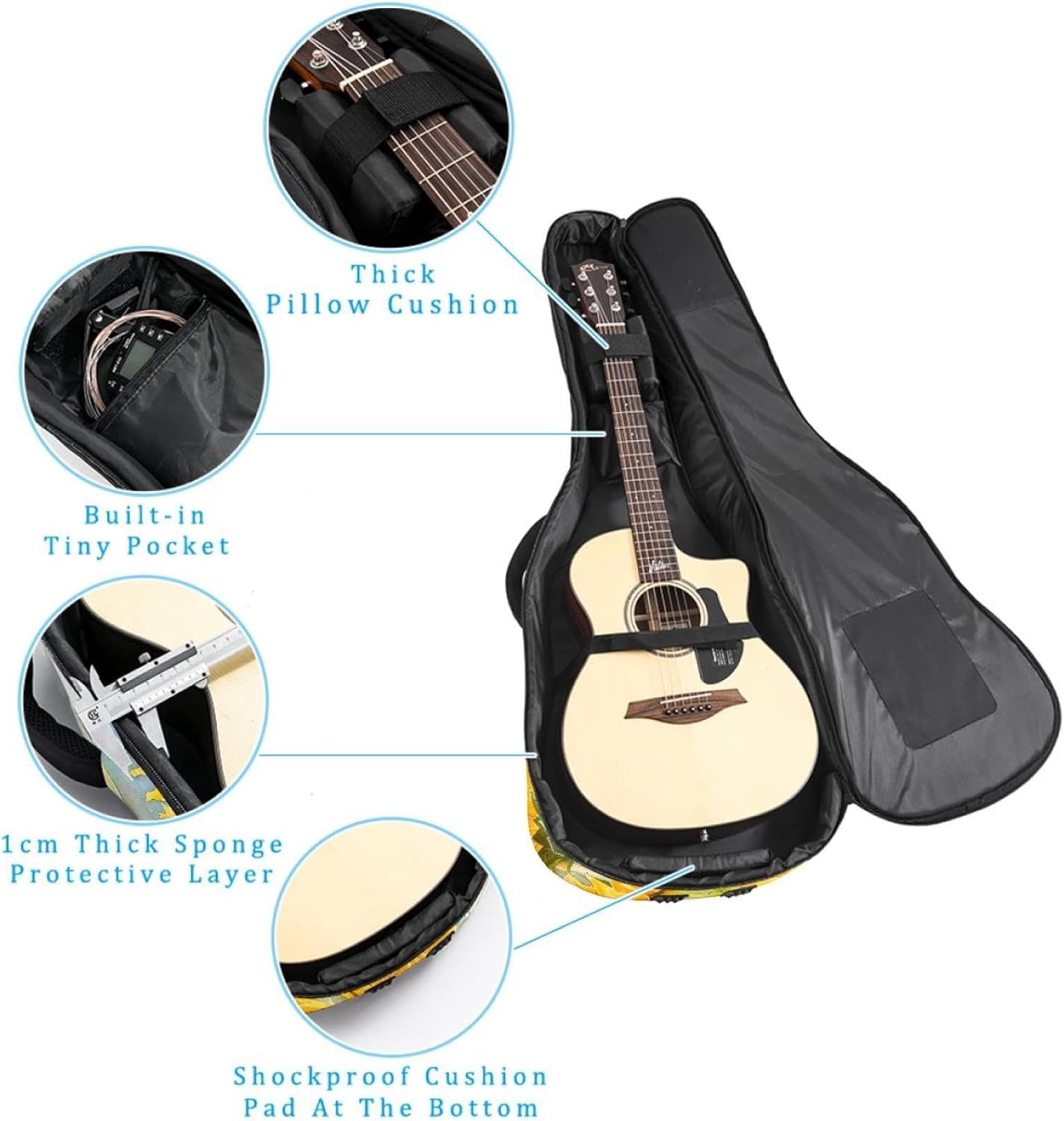 Acoustic Guitar Bag, 40 41 42 Inch Guitar Case Cover Soft Guitar Gig Bag for Acoustic Electric Bass Classical Guitar, Watercolor Yellow Sunflowers Pattern