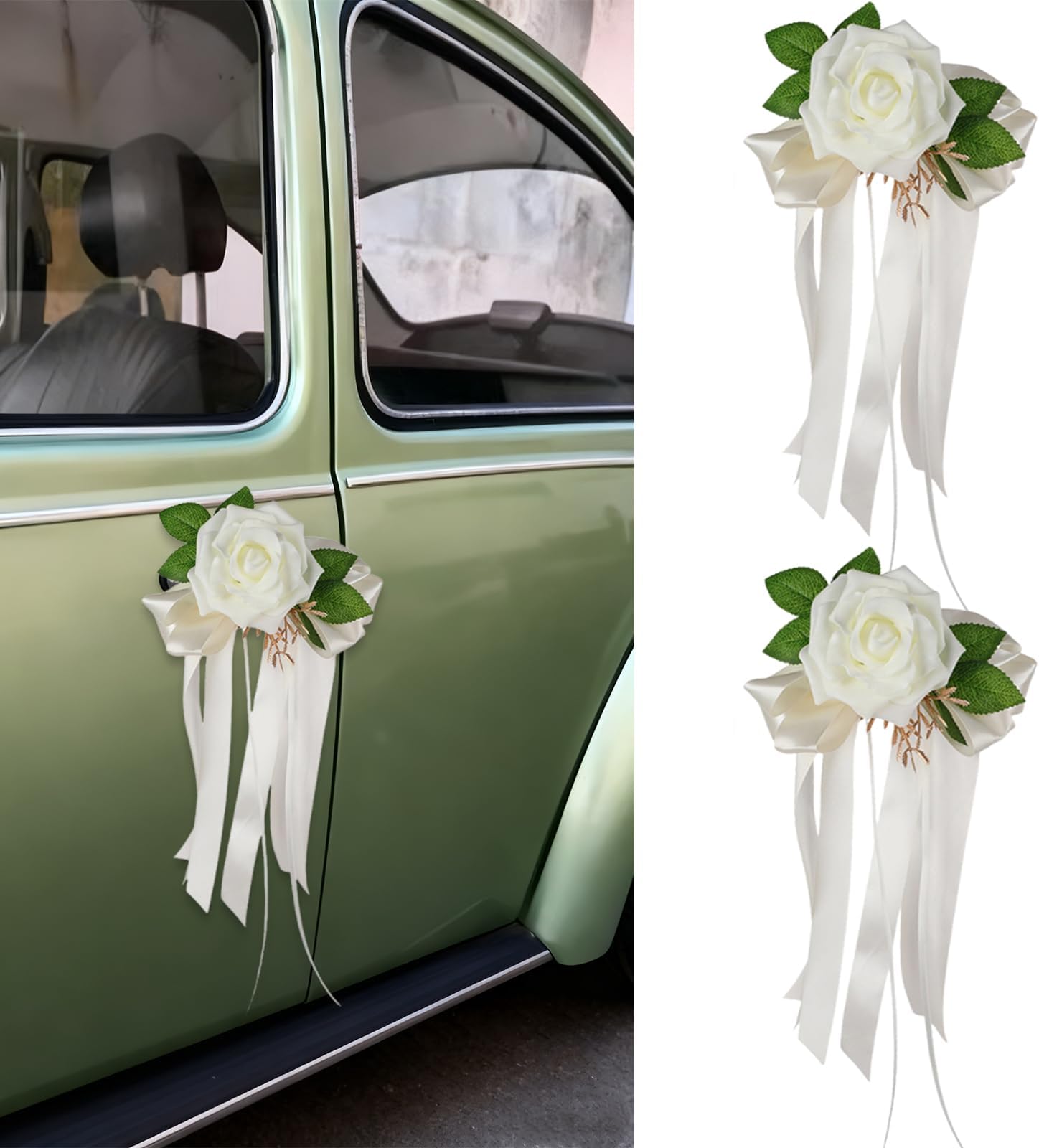 Wedding Car Door Handle Flowers with Suction Cups Artificial Rose Ribbon for Rearview Mirror Bridal Vehicle Bouquet Decor Kit Bridal Shower Wedding 2 Pcs