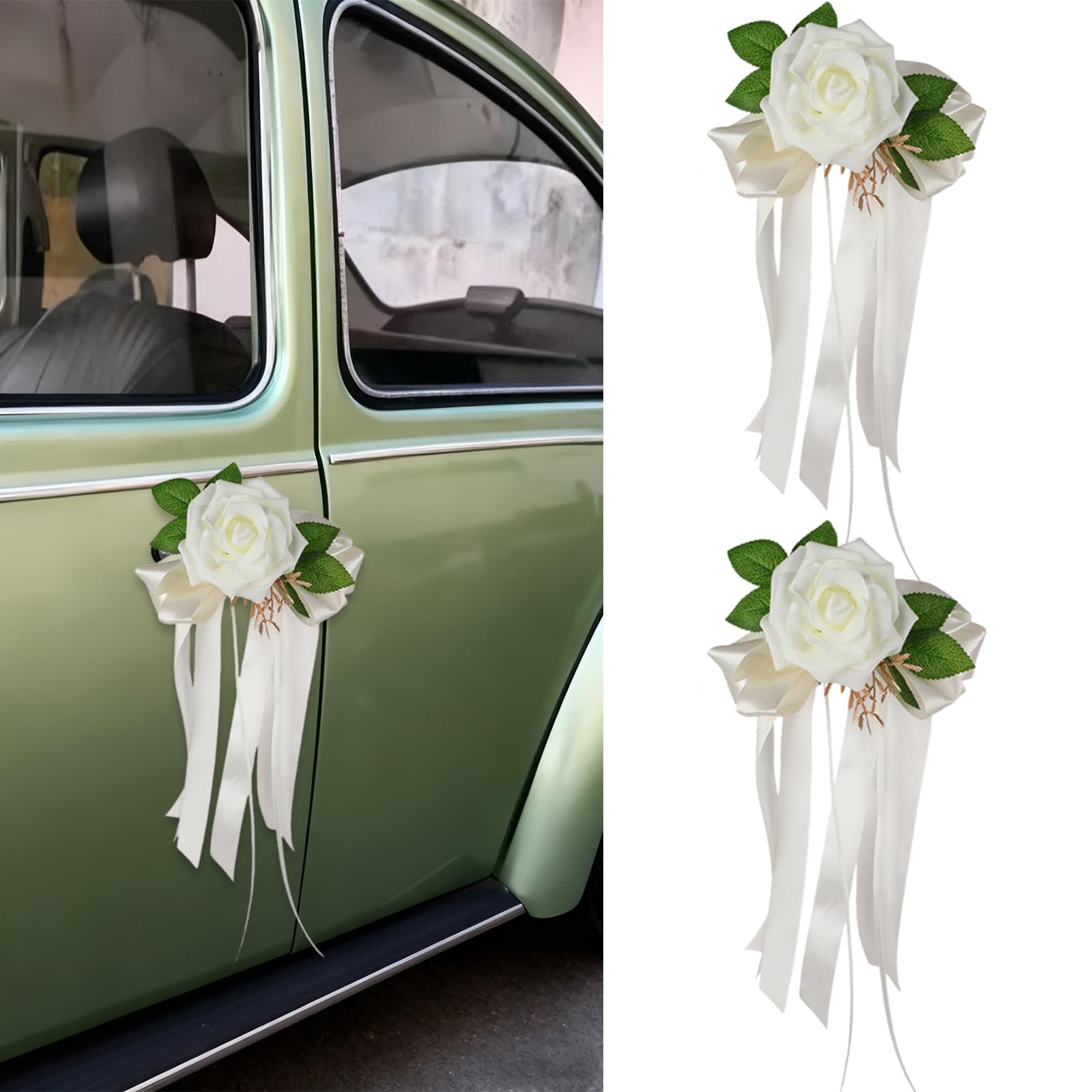 Wedding Car Door Handle Flowers with Suction Cups Artificial Rose Ribbon for Rearview Mirror Bridal Vehicle Bouquet Decor Kit Bridal Shower Wedding 2 Pcs