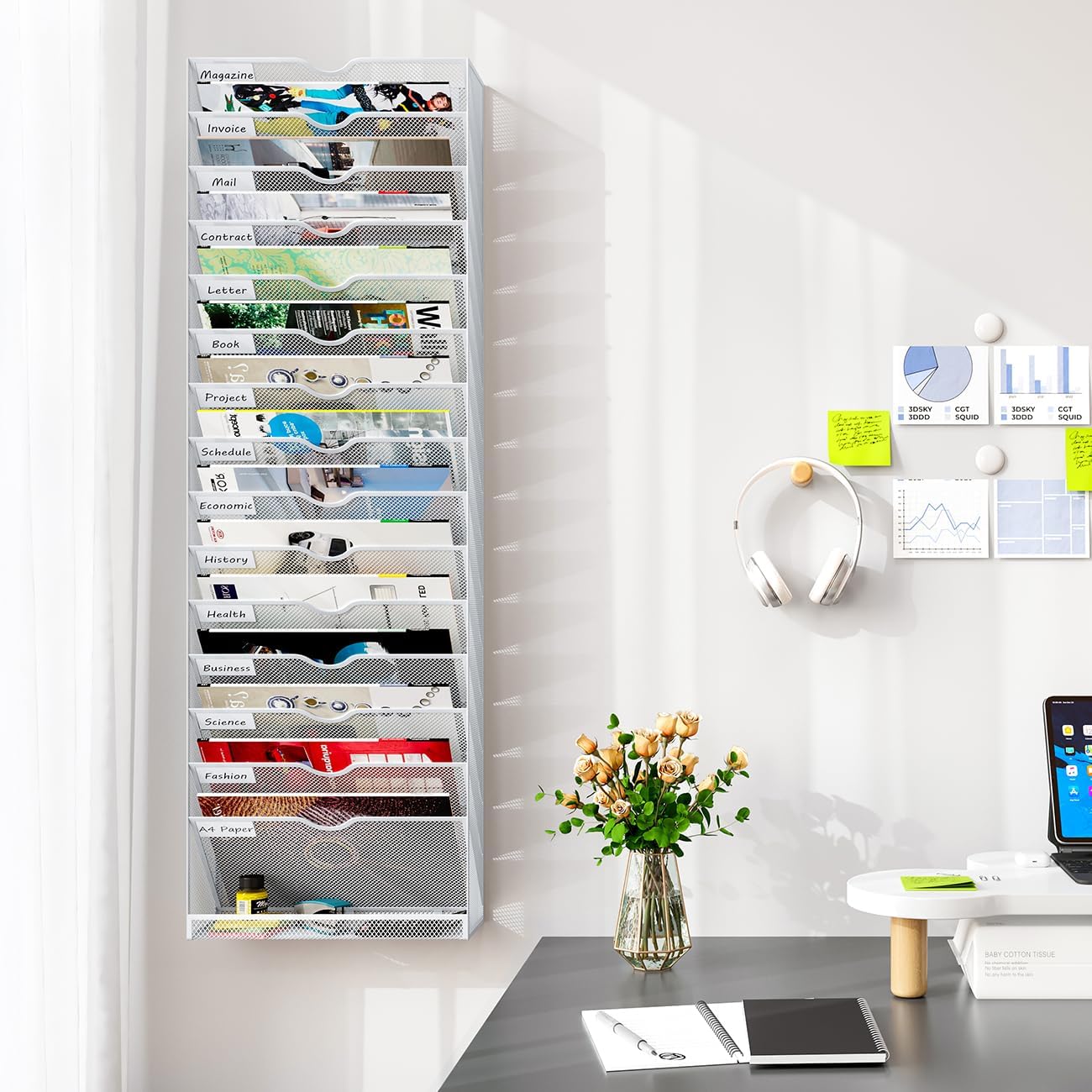 Hanging Wall File Organizer,16-Tier Desk File Mail Holder, Paper Bill Organization For Office Home School, White