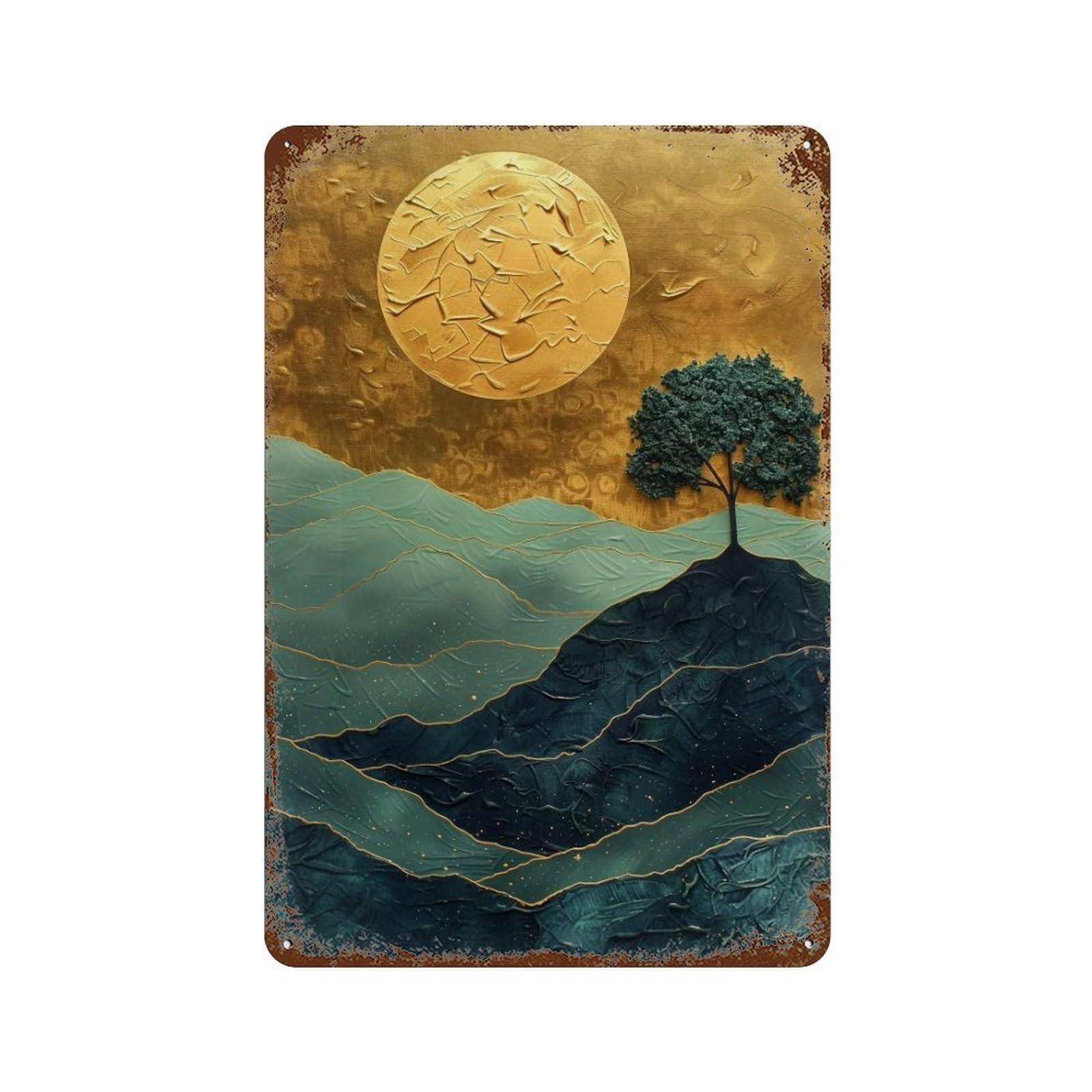 Wihyrtui Style Teal Layered Papercut Gilded Moon Mountain Forest 04 Wall Retro Iron Metal Tin Sign Vintage Art Poster Modern Home Cofffee Club Art Bar Shop Decor 30X20cm