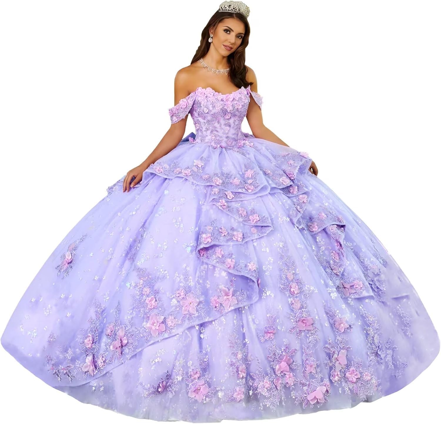 Vestidos de quinceañera de Princesa con Capas Flores 3D Encaje con Cuentas Vestidos de Fiesta con Volantes y Cuentas Vestidos de Fiesta para Dulces 16 MT037
