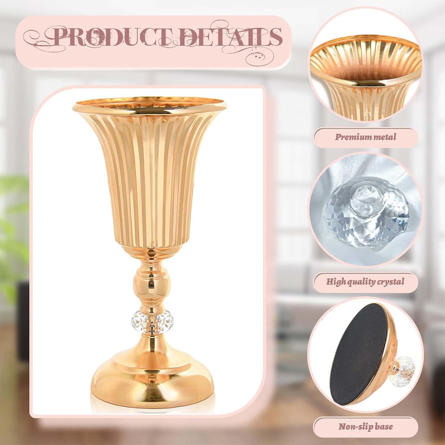 2PCS Gold Metal Wedding Flower Trumpet Stripe Vases Crystal Table Centerpieces for Artificial Flower Arrangements for Anniversary Celebration/Wedding/Party/Birthday Event Aisle Home Decor