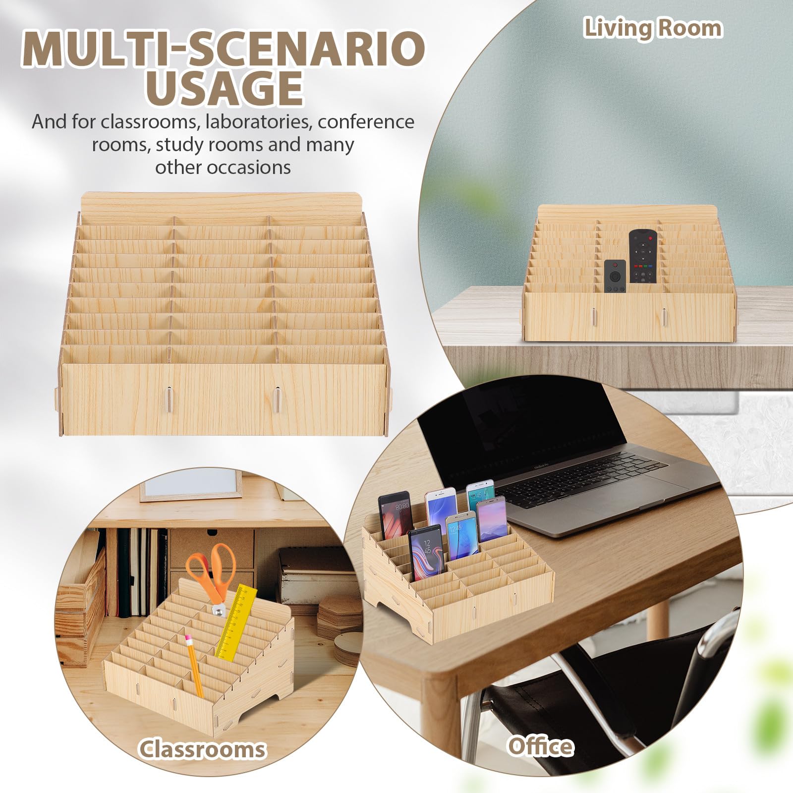 UKCOCO Wooden Mobile Phone Storage Box: 30 Grids Wooden Cell Phone Holder for Watches Wallets Coins Keys - Desk Organizer for Classroom Meeting Room Office Desktop Storage Case - Image 3