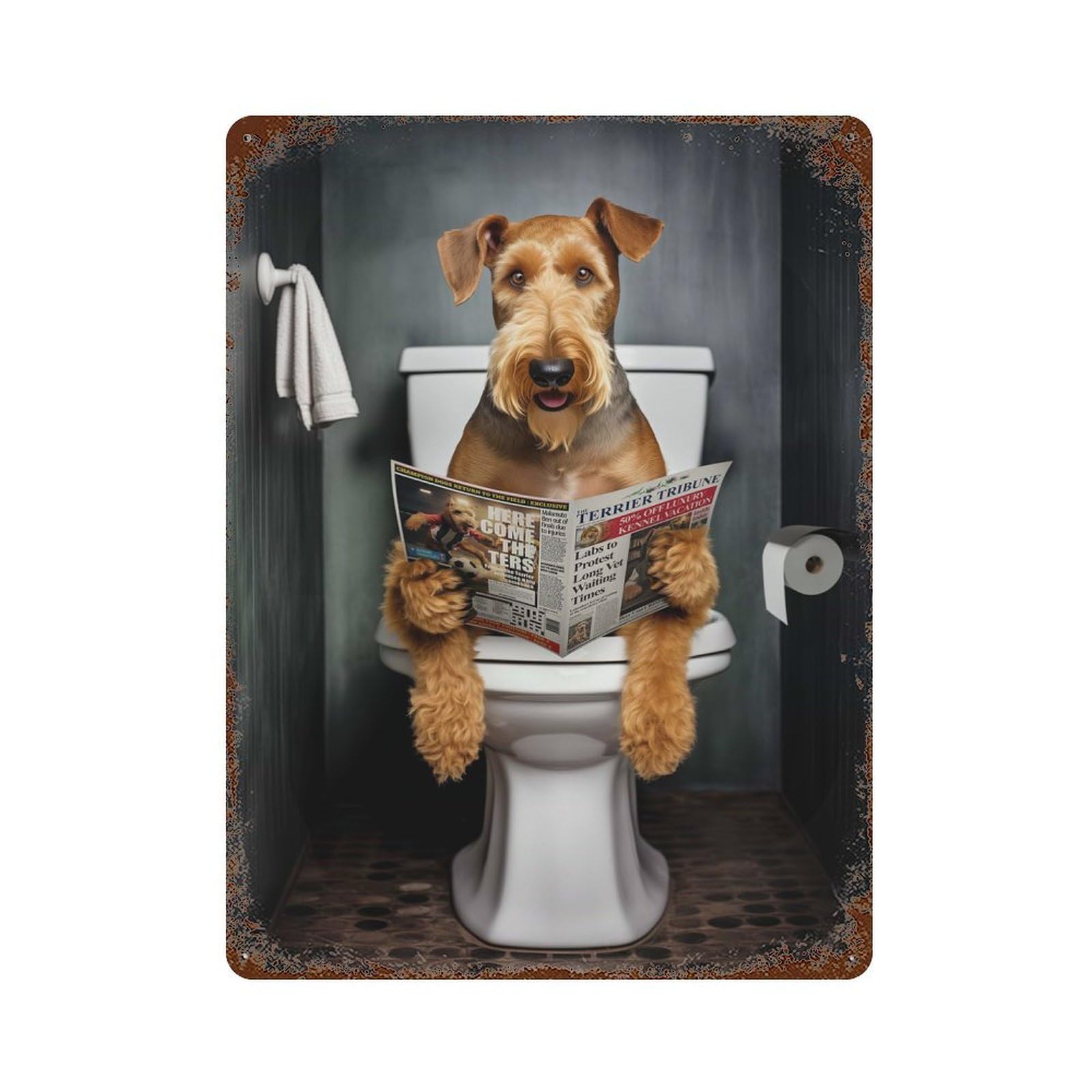 Rusty Metal Tin Sign Airedale Terrier on Toilet 15.7"x11.8", Industrial Home Decor for Patio, Garden Room And Bar Decor
