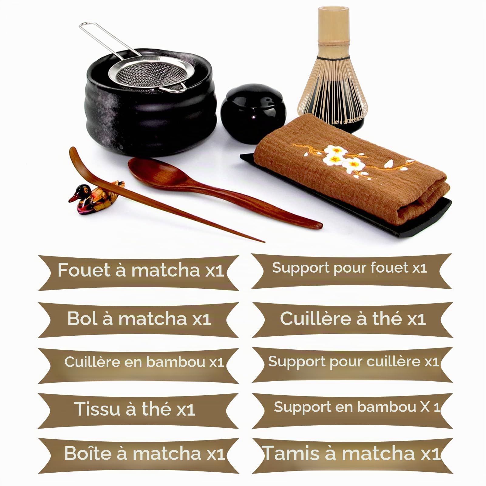 Artcome Ensemble de 10 pièces de thé matcha japonais, bol à matcha, fouet, porte-fouet, cuillère traditionnelle, cuillère à thé, support pour cuillère à matcha, panier à poudre matcha (Noir)