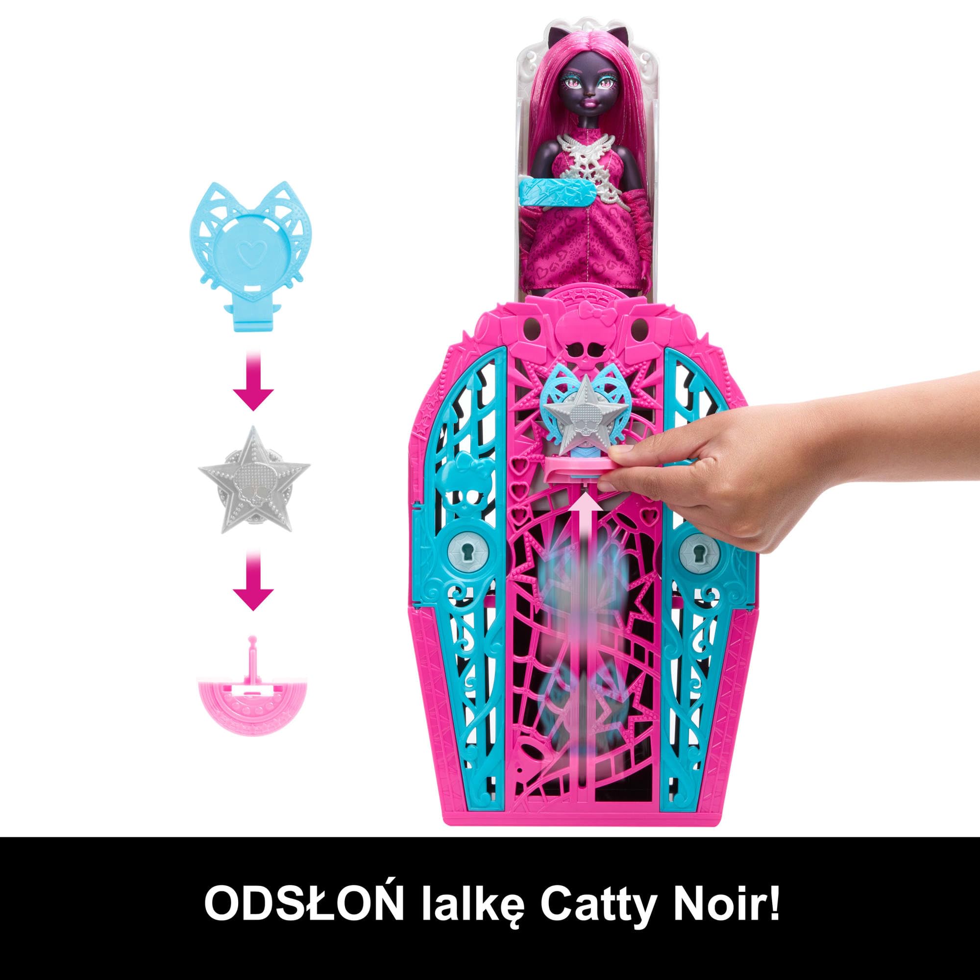 Monster High Straszysekrety Catty Noir Seria 6 Tajemnice Hollyduch Zestaw lalka, szafa i ponad 19 niespodzianek, w tym ubranka dla lalki i akcesoria, JBG82