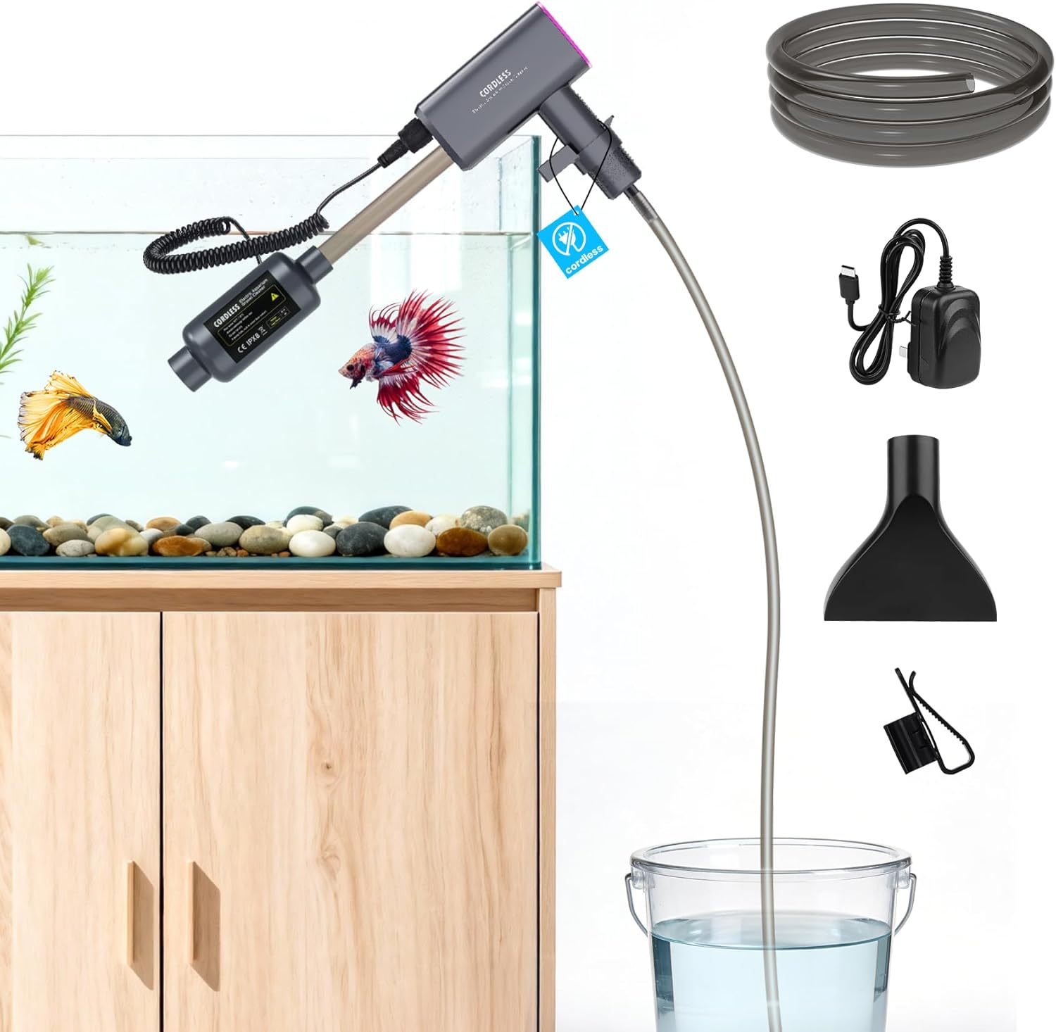 Electric Aquarium Vacuum Gravel Cleaner: Rechargeable Fish Tank Cleaner with 4 Adjustable Suction, Anti-Clog for Debris Clean & Sand Washing,Automatic Water Changer with 12V Safe for Small/Large Tank