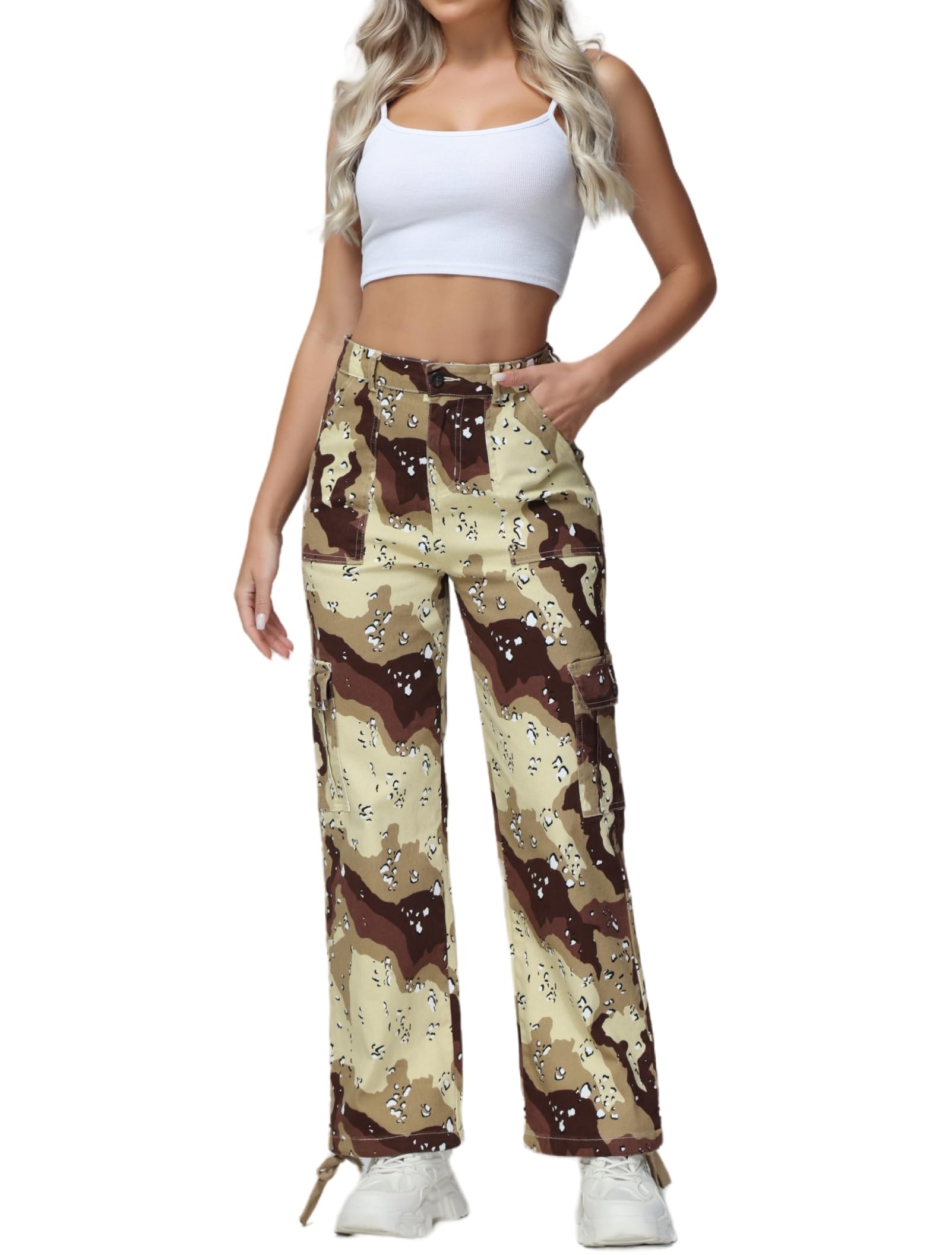 OKilr Pjik High Waisted Cargo Pants Women Wide Leg Y2K Baggy Stretchy Casual Pants Straight Slacks Streetwear with 6 Pockets