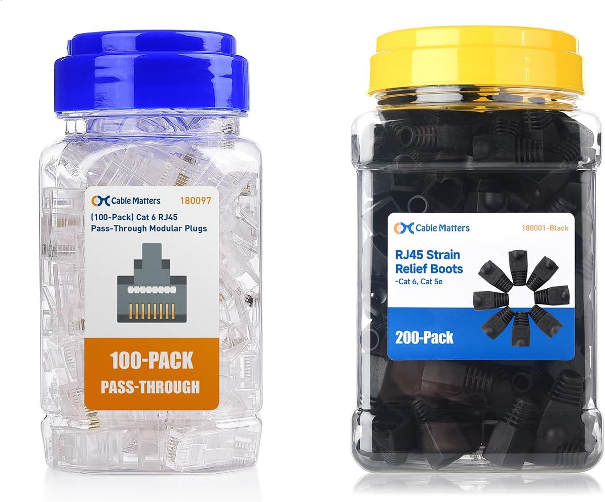 Cable Matters 100-Pack Pass Through RJ45 Modular Plugs for Solid or Stranded UTP Cable & 200-Pack RJ45 Strain Relief Boot in Black