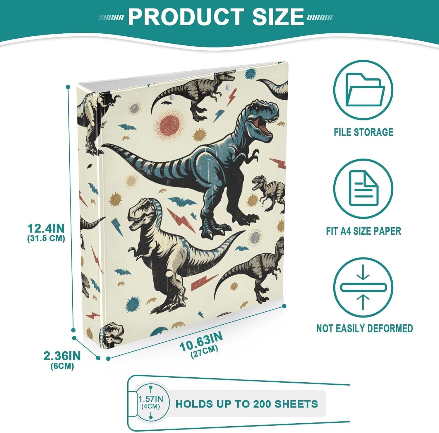 JIPONI 3 Ring Binder Dinosaurs Rex 1 Inch Round Binders for Men Women Students, Cute File Organizer for Office School, 1pc
