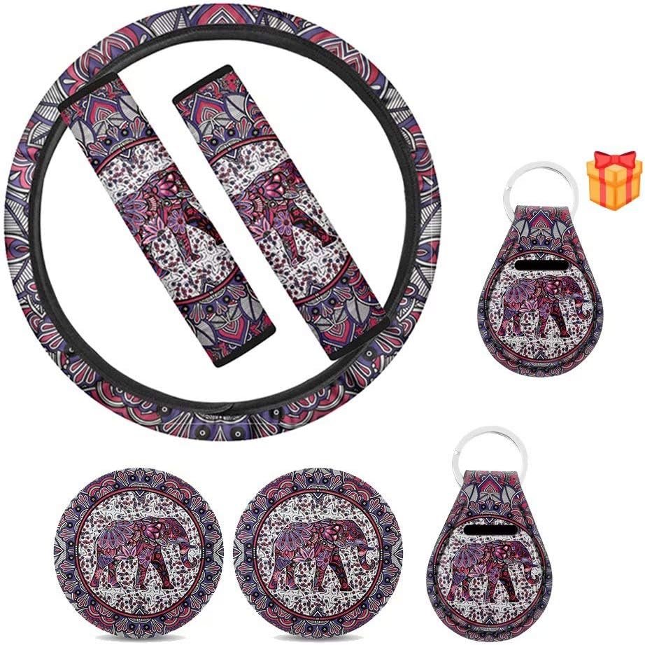 7 Pack Decorative Boho Elephant Car Steering Wheel Cover Universal Fashable Car Durable Protector for Most Vehicles