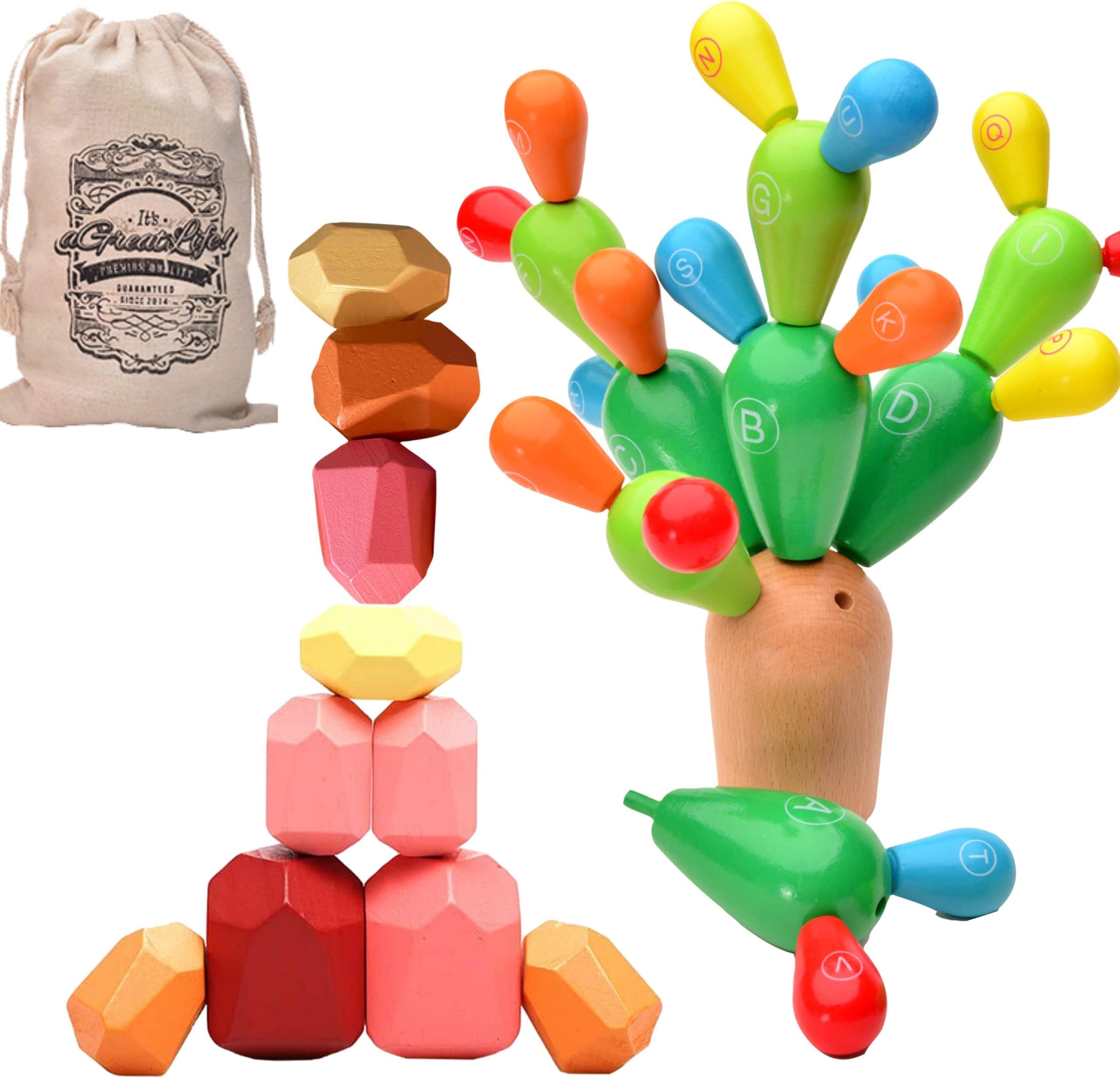 38 PCs Wooden Stacking Stones & Wooden Cactus Toy for Fine Motor Cactus Game, Balancing Cactus Toy is Made for Toddler and Kids with Easy Storage Bag, Educational Stacking Tree and Rock Stocking