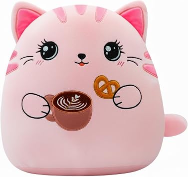 Cat Plush Cushion Body Pillow - 14 Inch Cute Cat Stuffed Animal Cuddle Throw Pillow with Coffee Cookie for Sofa Bed Giant Cat Animal Body Pillow for Adult Kids Animal Plush Cushion