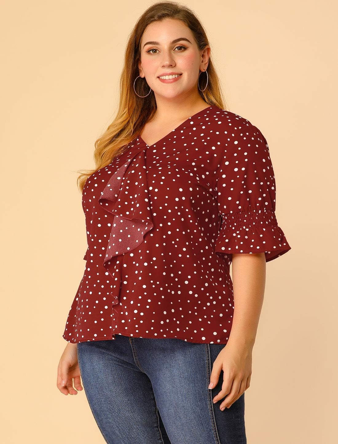 Agnes Orinda Women's Plus Size Tops V Neck Smocked Sleeve Ruffle Blouse Summer Tops - Image 4