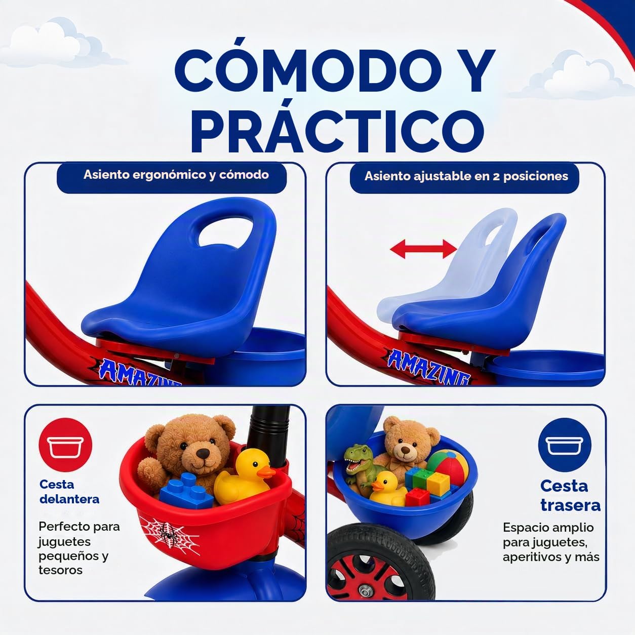 Triciclo Araña para Niños Pequeños de 1 a 5 Años, Bicicleta de Equilibrio para Bebés con Asiento Ajustable y Cesta de Almacenamiento Grande Niños y Niñas de 1 a 5 Años.