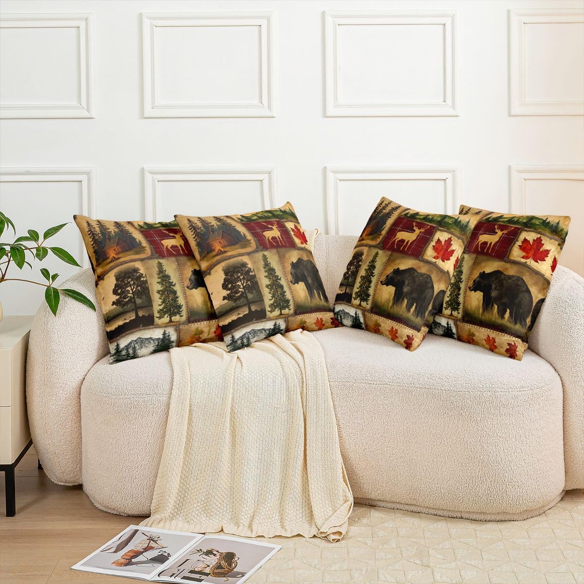 Rustic Farmhouse Throw Pillow Covers 18x18 Inch Set of 4, Retro Cabin Cushion Cases, Hunting Bear Deer Pillow Covers, Country Maple Leaves Woodland Pine Tree Decorative Square Pillow Cases, Red Brown