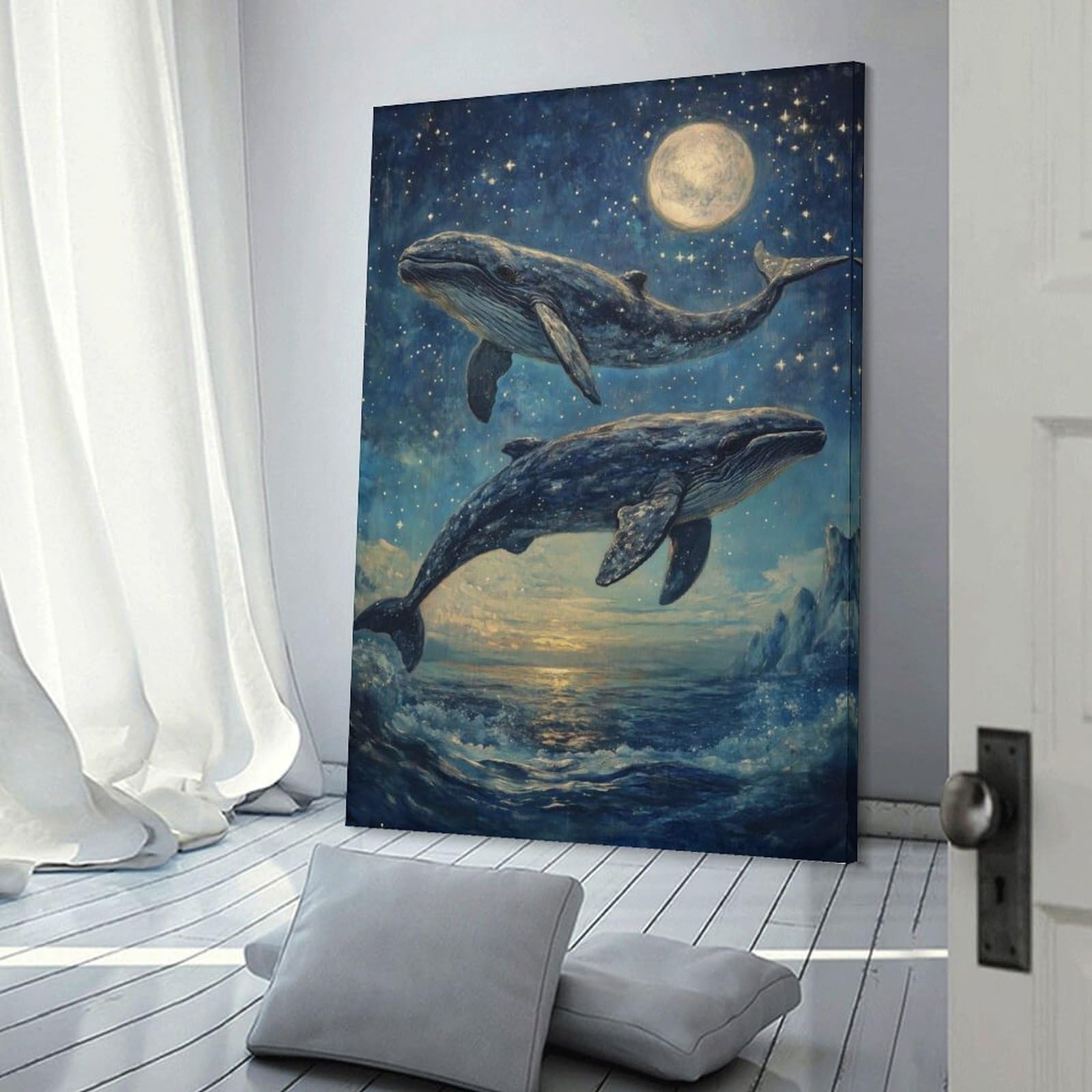 Junmoney Whales Leaping Under Stars Canvas Wall Decor, 24x36inch(60x90cm), for Gallery Wall Decor And Room Displays, Wall Decor Suited to Curated Displays